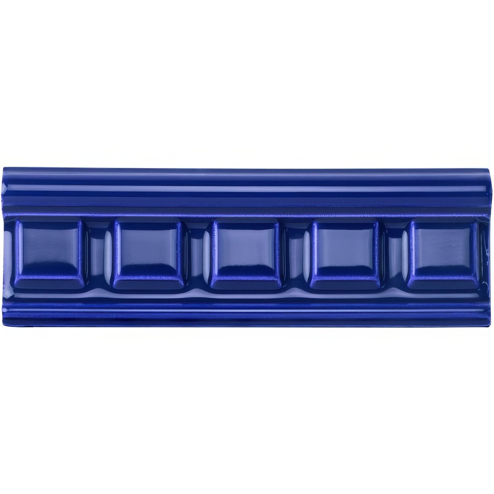 Royal blue dentil moulding ceramic tile with glossy finish and raised rectangular panels in deep blue color