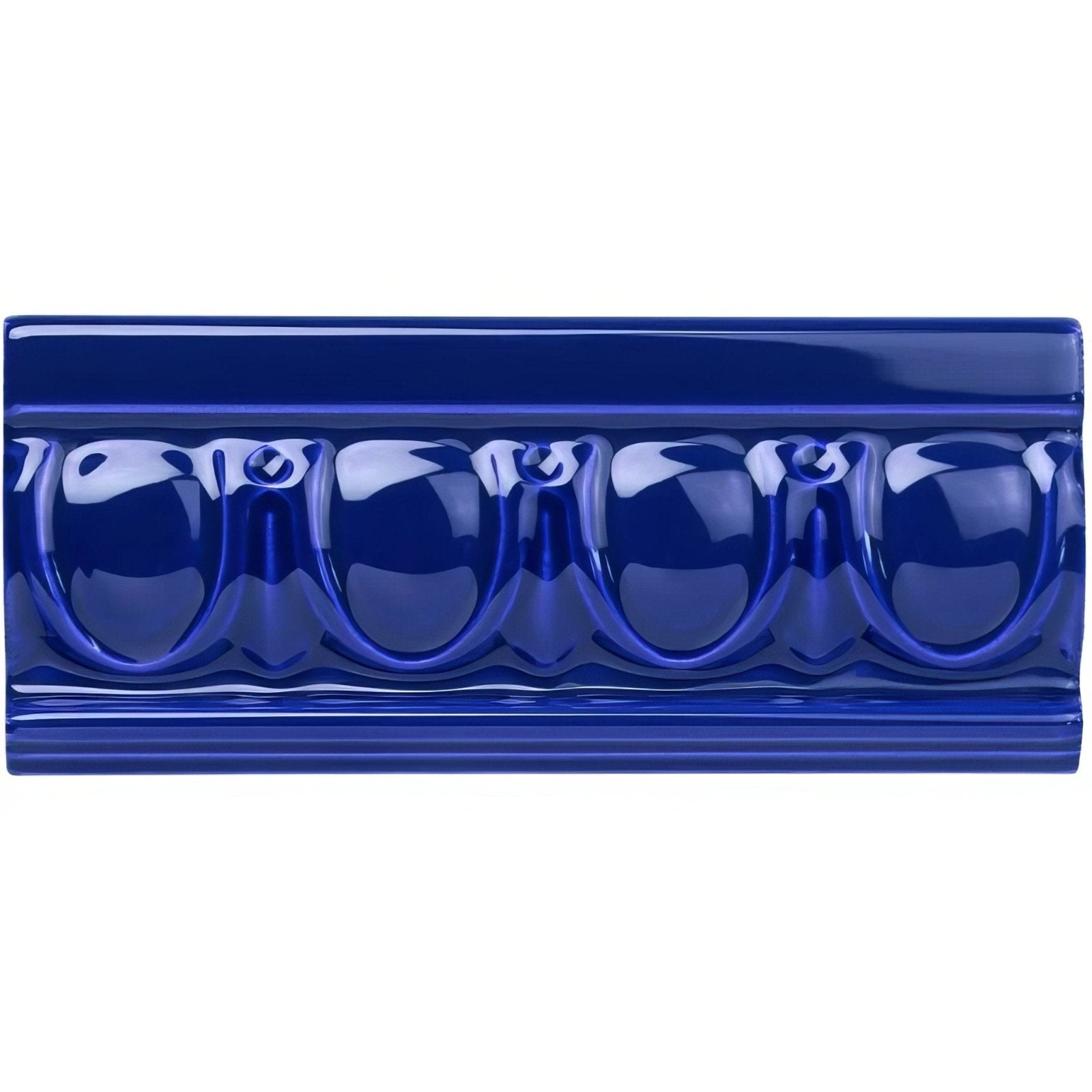 Deep blue ceramic royal blue egg and dart moulding with glossy finish and repeating arched scalloped design
