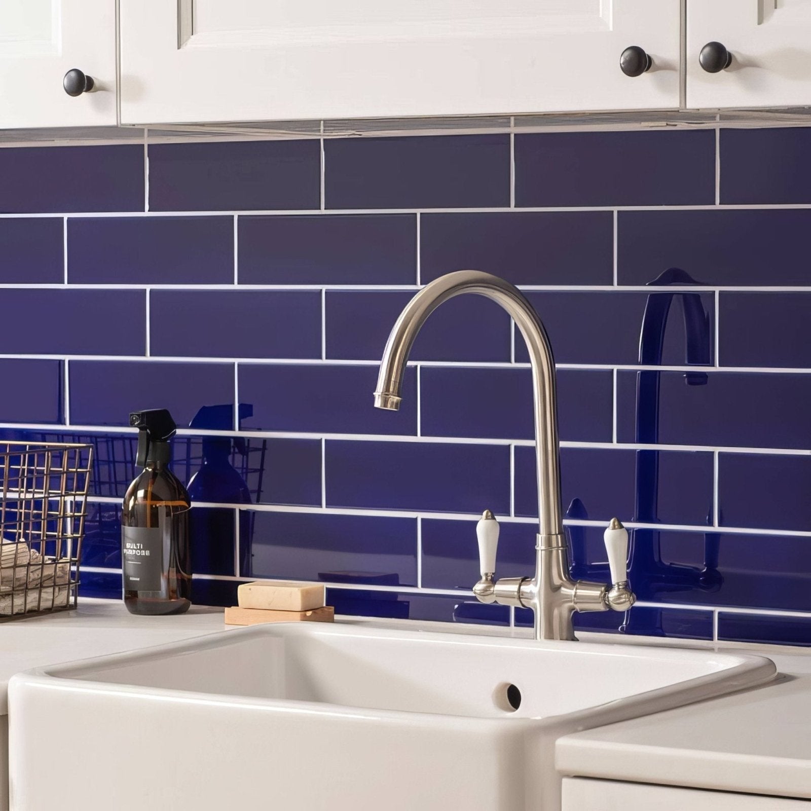 Stainless steel gooseneck faucet with white ceramic handles for Royal Blue Large Brick sink system