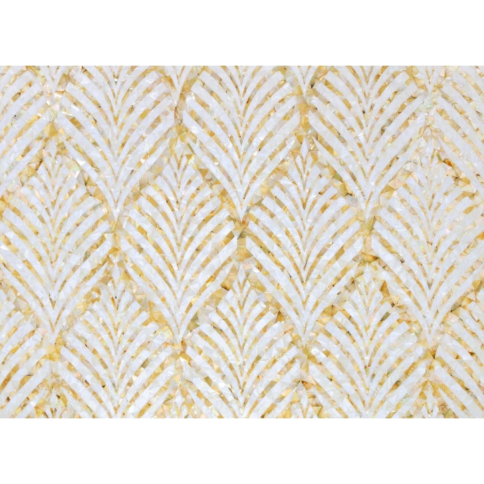 Elegant white and gold mother-of-pearl mosaic tile royal palm golden promise with repeating feather-like pattern