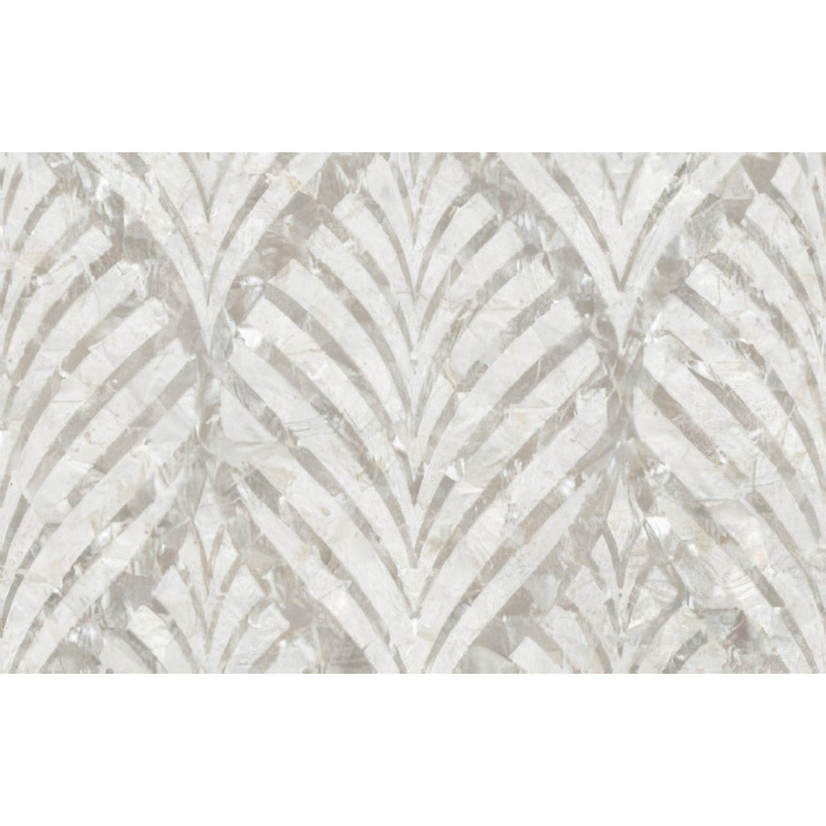 White and silver iridescent mosaic tile with a geometric fan pattern from the Royal Palm Innocence collection