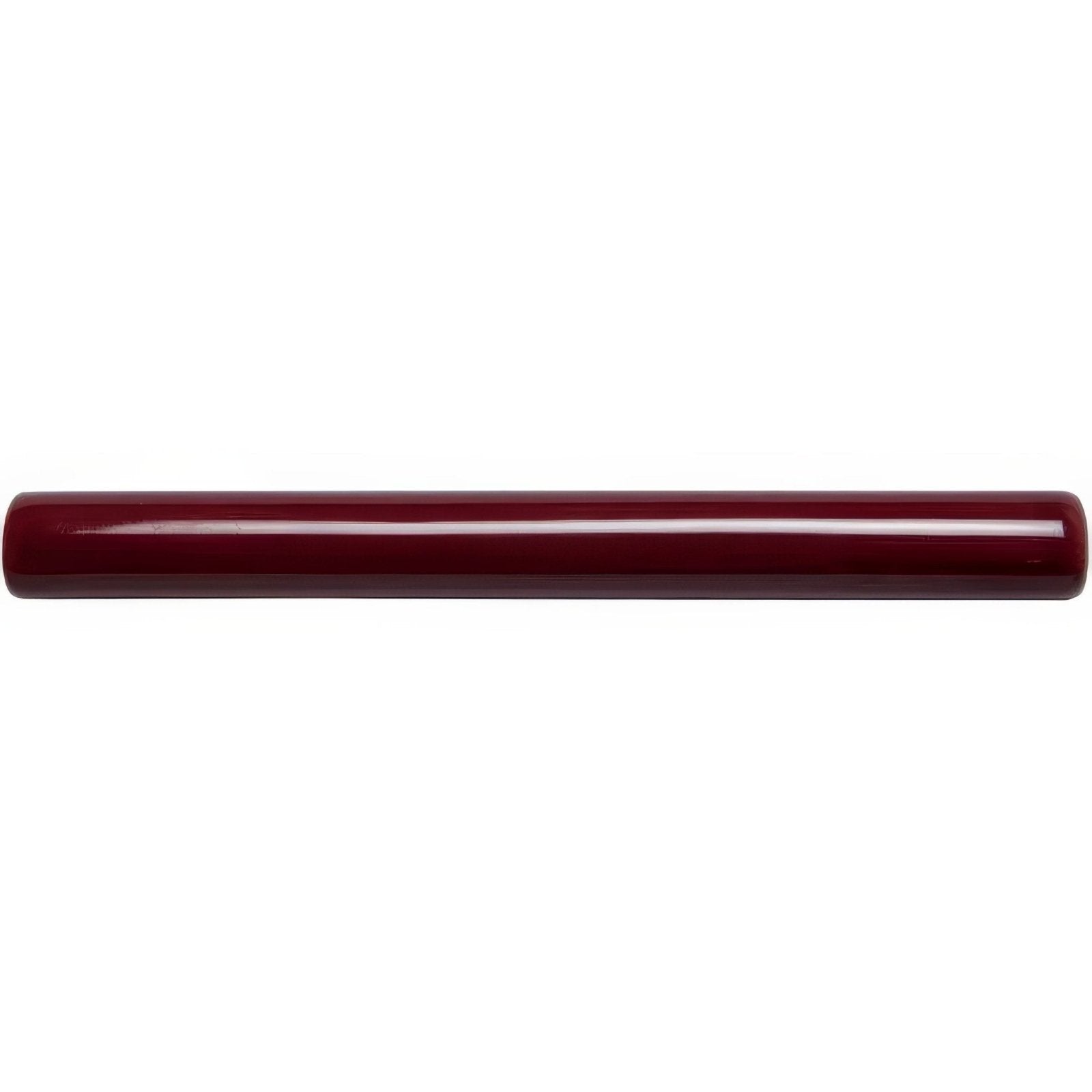A sleek glossy maroon rolling pin with a smooth cylindrical design in the ruby semi round pencil border style