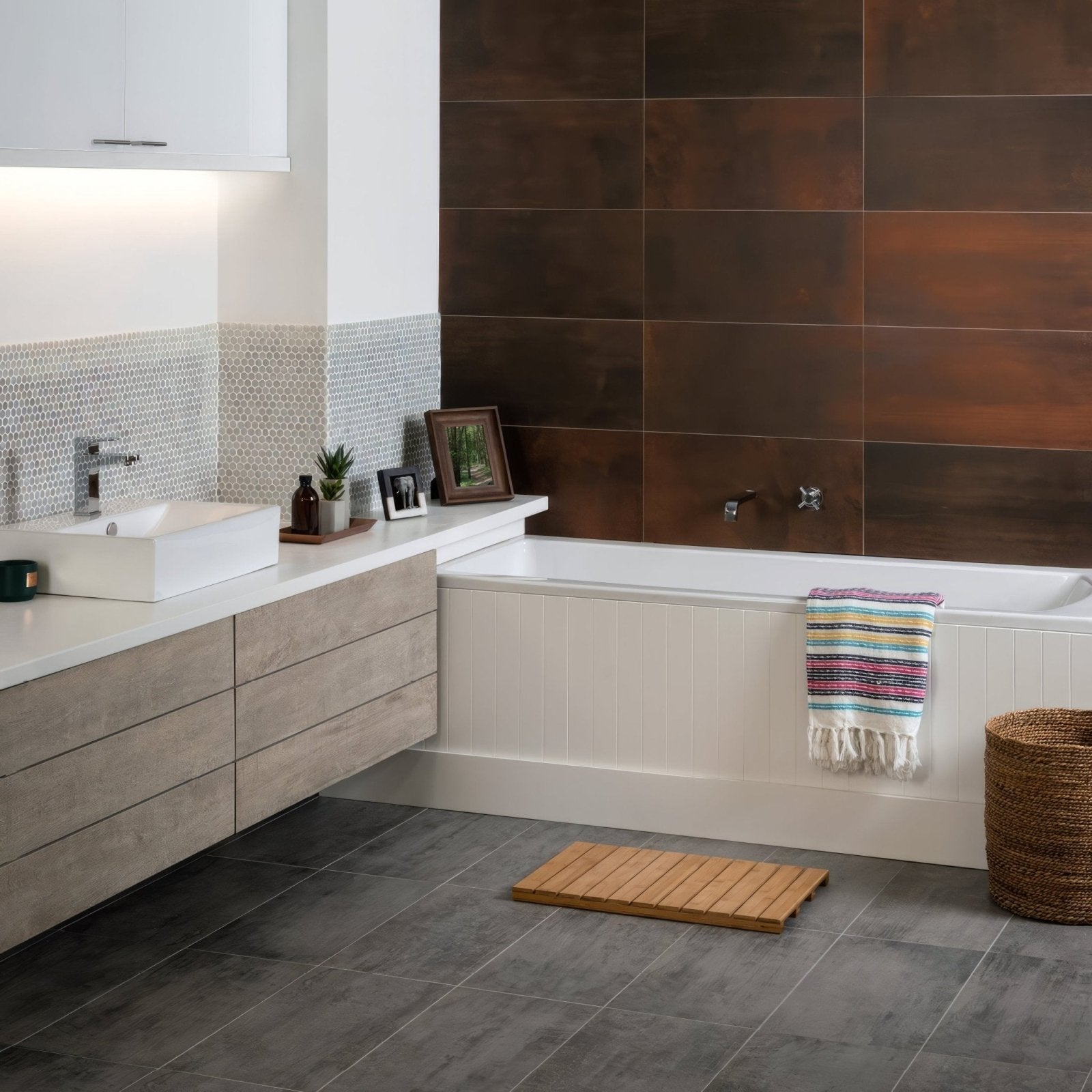 Wooden slatted bath mat with metallic-finish rush copper rectified glazed ceramic tiles for bathroom use