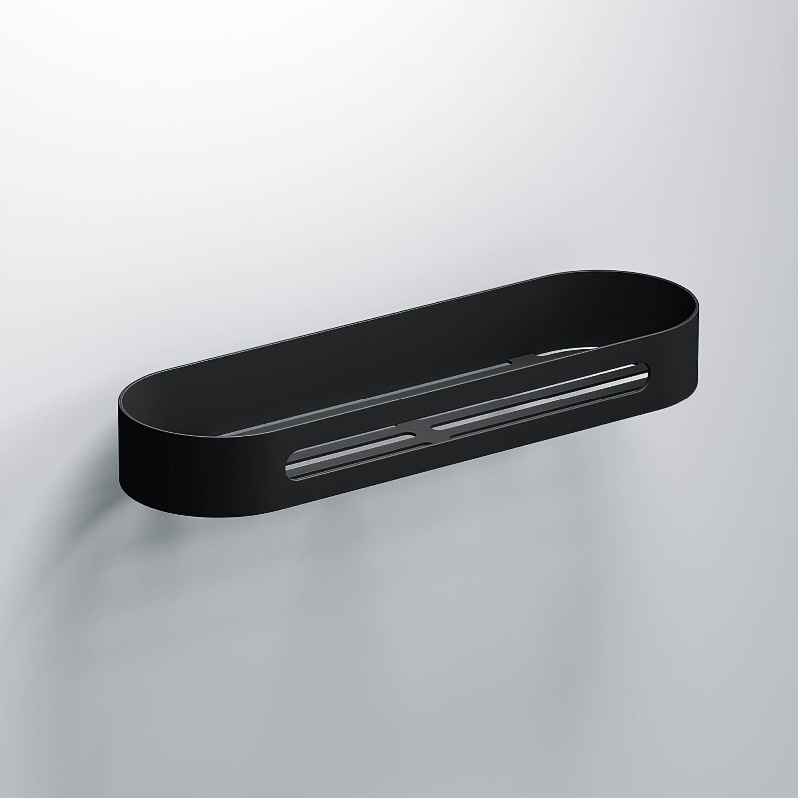 Black oval-shaped wall-mounted shower caddy with sleek modern design and integrated drainage slots, s5 fahrenheit basket 315