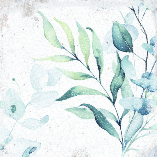 Sakura delft watercolor eucalyptus leaves in soft green and blue hues on cracked textured white background