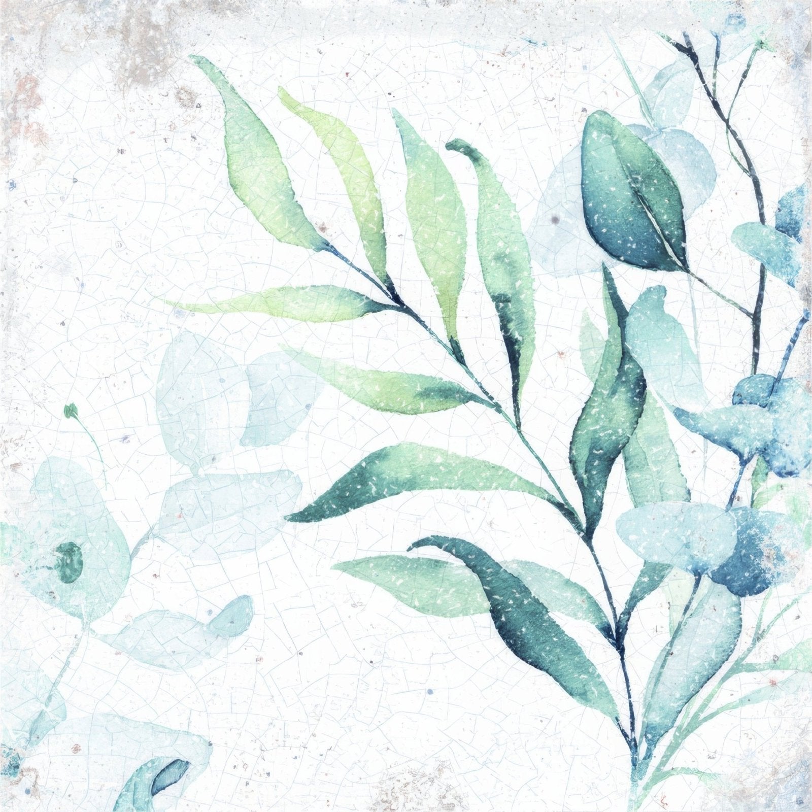 Sakura delft watercolor eucalyptus leaves in soft green and blue hues on cracked textured white background