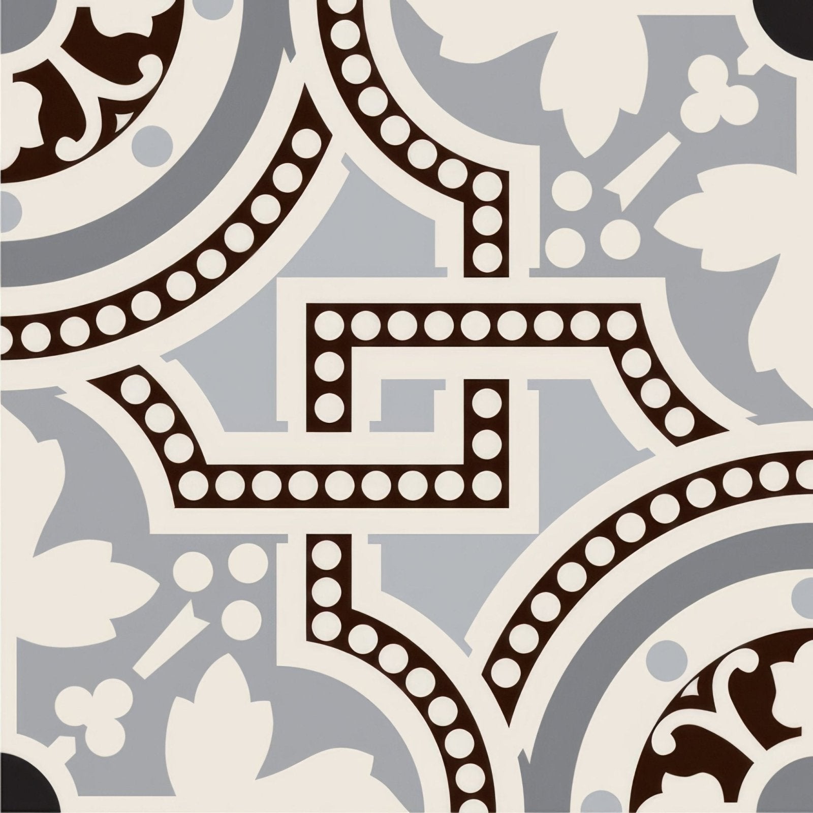 Gray and cream patterned tile salisbury black on dover white with intricate geometric and floral designs and dark brown borders