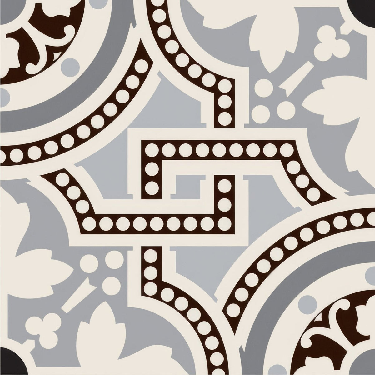 Gray and cream patterned tile salisbury black on dover white with intricate geometric and floral designs and dark brown borders