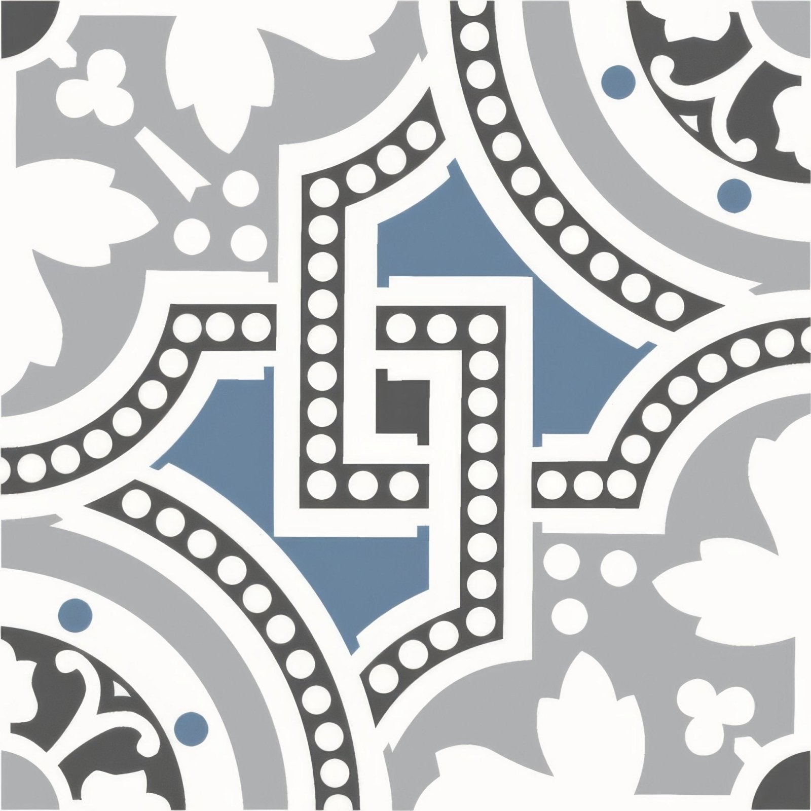 Ornate gray and blue tile with white decorative borders in salisbury blue on dover white design