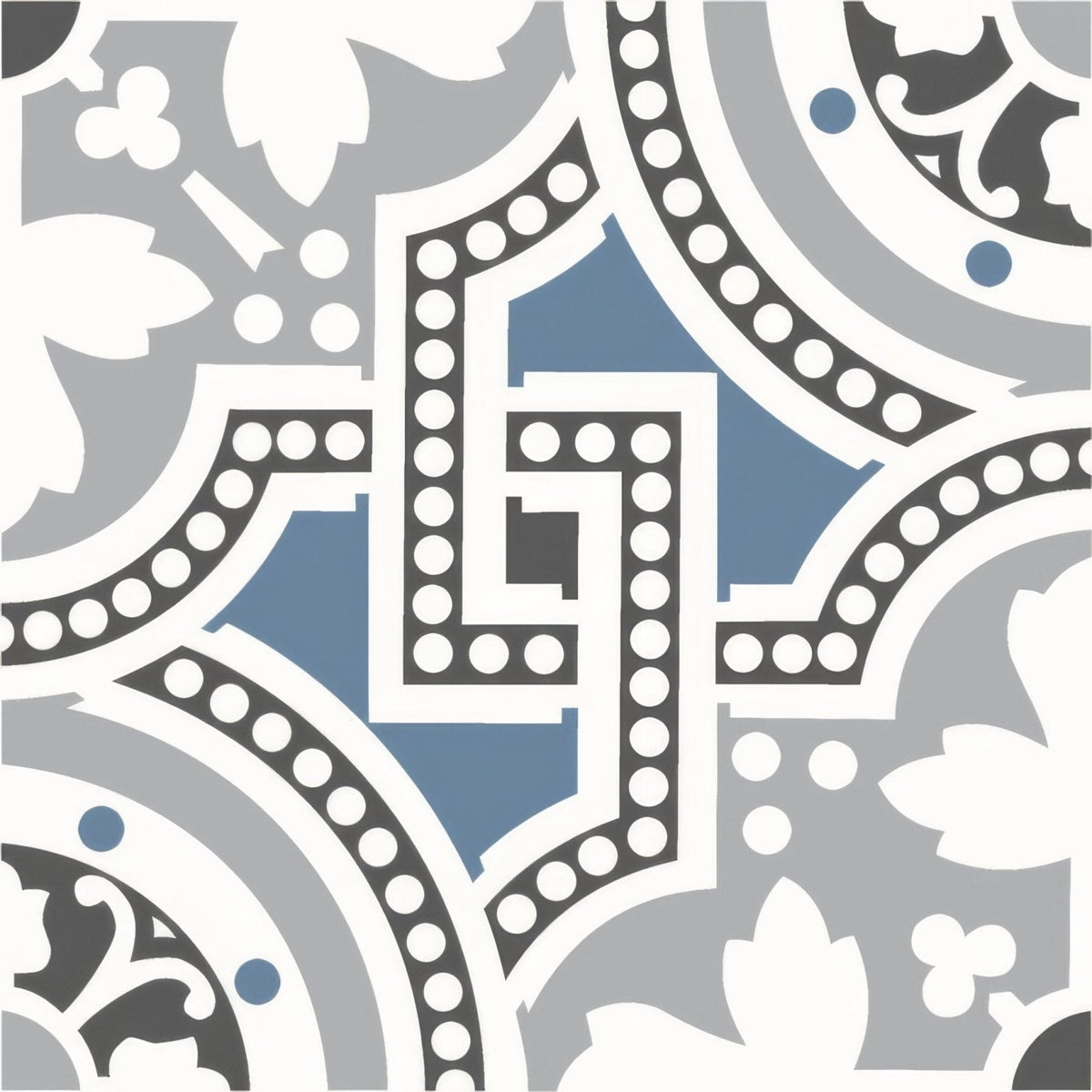 Ornate gray and blue tile with white decorative borders in salisbury blue on dover white design