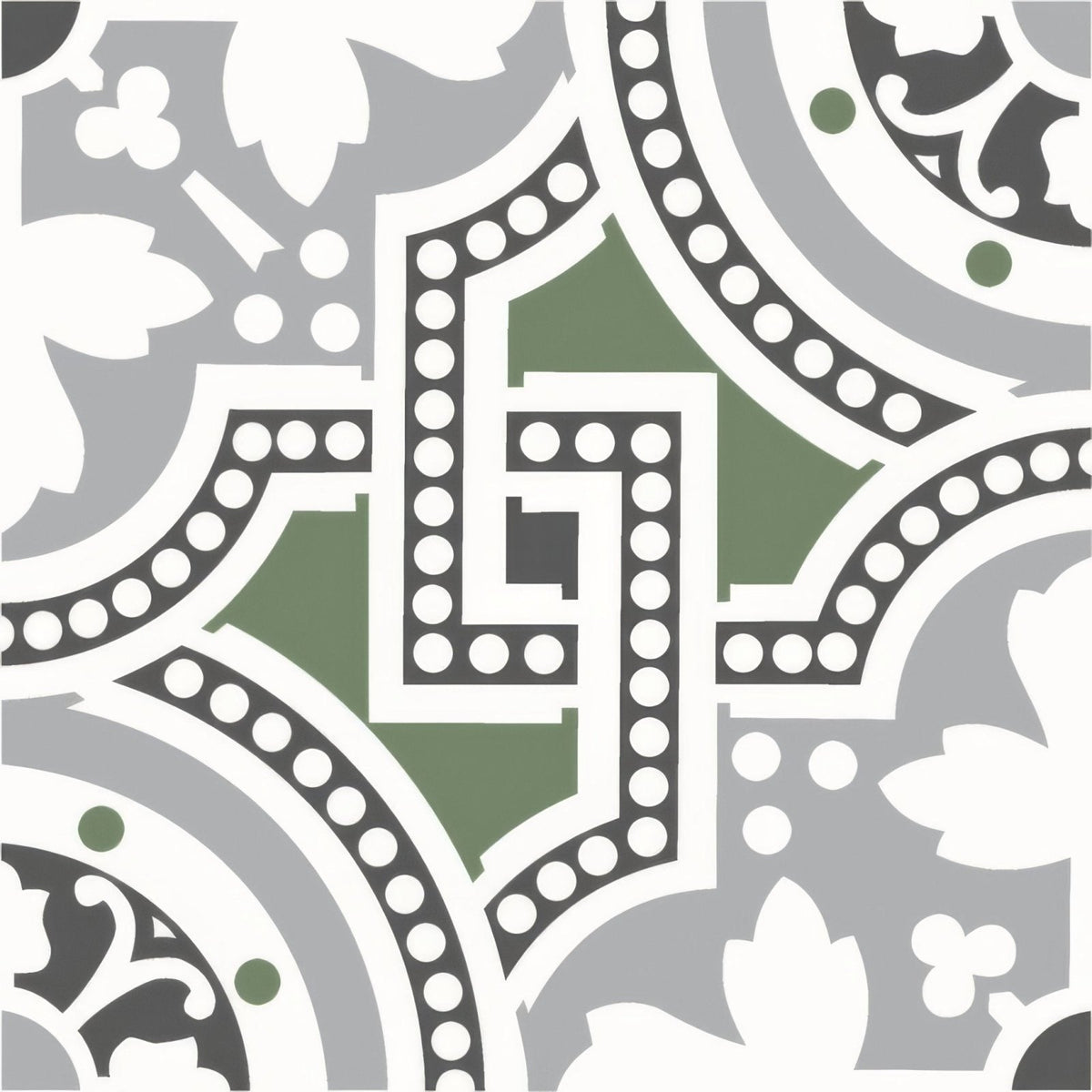 Gray and green geometric tile with white accents and dotted borders from salisbury green on dover white collection