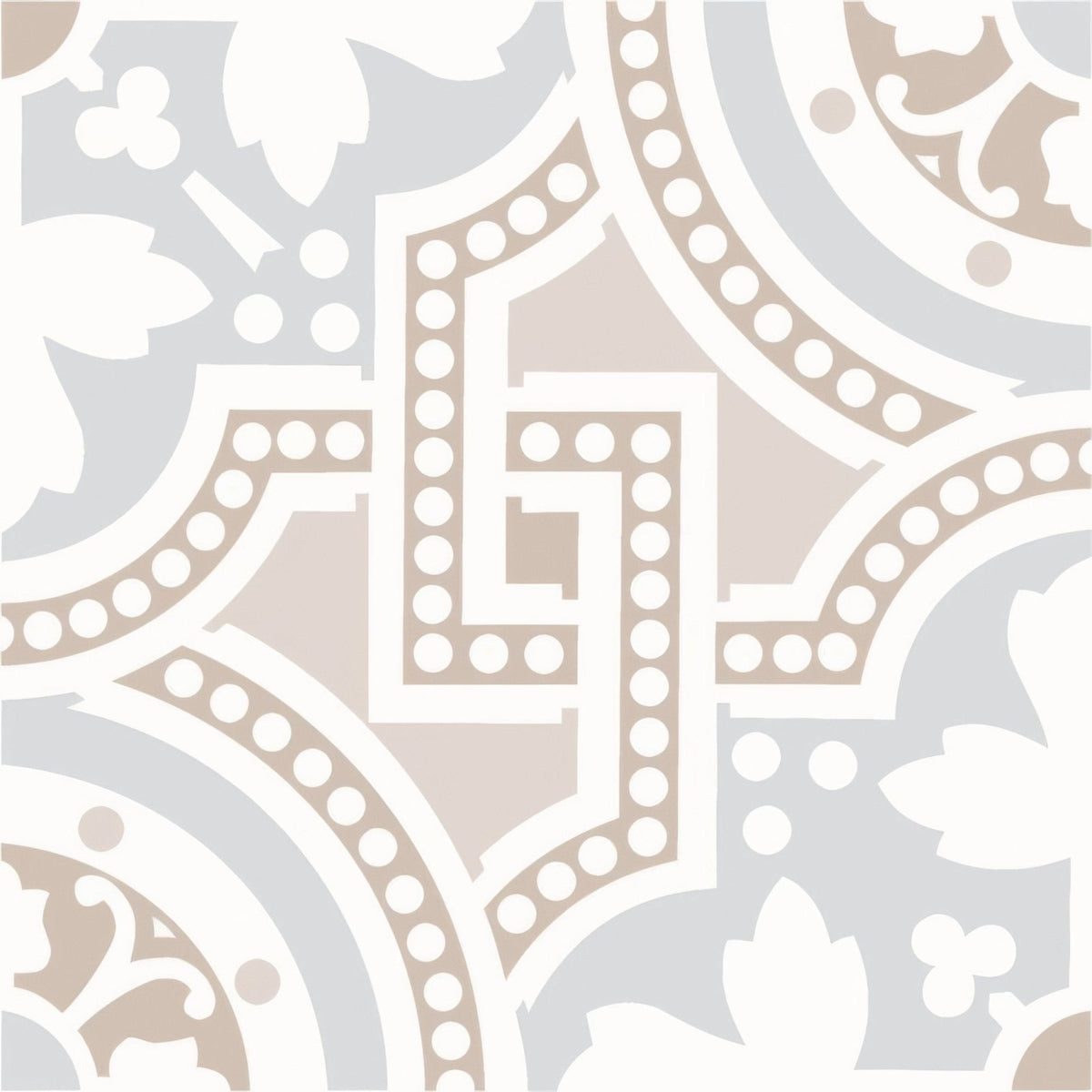 Beige and white ornate tile with a geometric floral pattern in salisbury taupe on dover white for decorative use