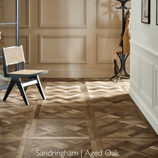 Sandringham aged oak parquet flooring in a herringbone pattern with an aged oak finish and natural wood texture