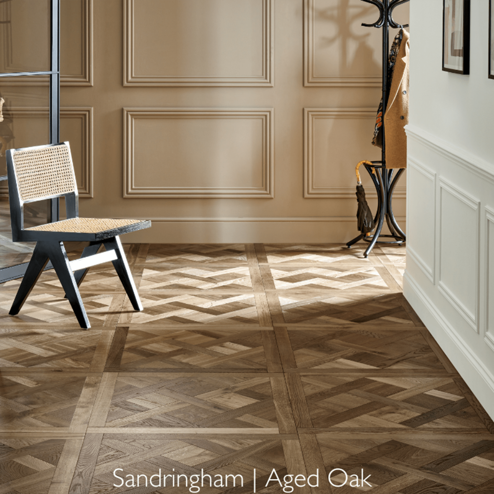 Sandringham aged oak parquet flooring in a herringbone pattern with an aged oak finish and natural wood texture