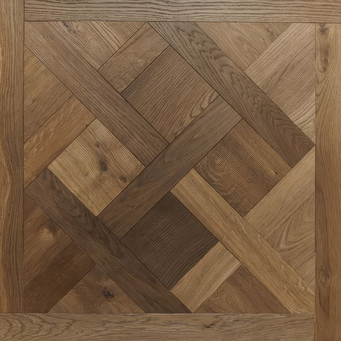 Sandringham Royal Oak rustic hardwood floor with herringbone pattern and varied natural wood tones and grain
