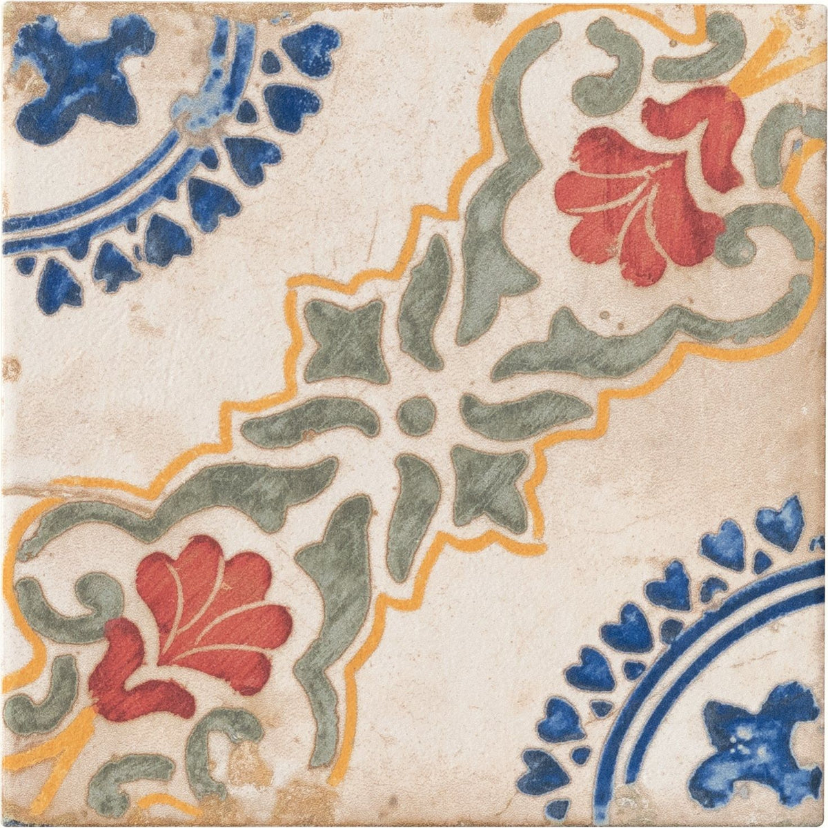 A sardinia porcelain dragonetti vintage-style ceramic tile with red blue green and yellow floral and geometric patterns