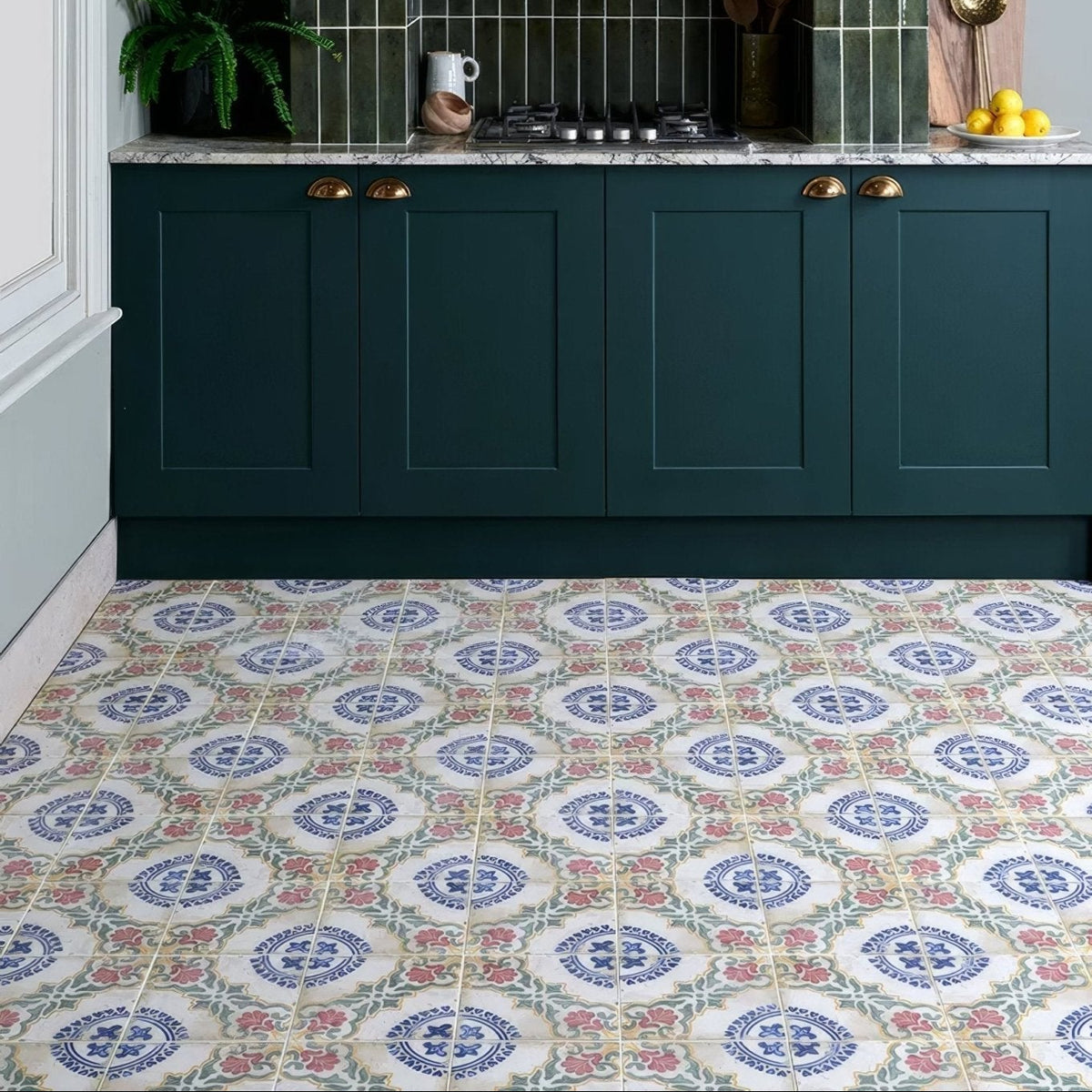 Sardinia porcelain dragonetti patterned ceramic floor tiles with blue red and green circular design on off-white background