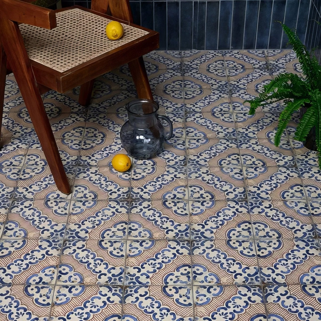 Blue and beige patterned sardinia porcelain masseria ceramic floor tiles with intricate floral designs