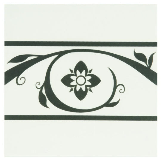 Black ornamental saxon border on dover white featuring a central floral motif with swirling vines and leaves