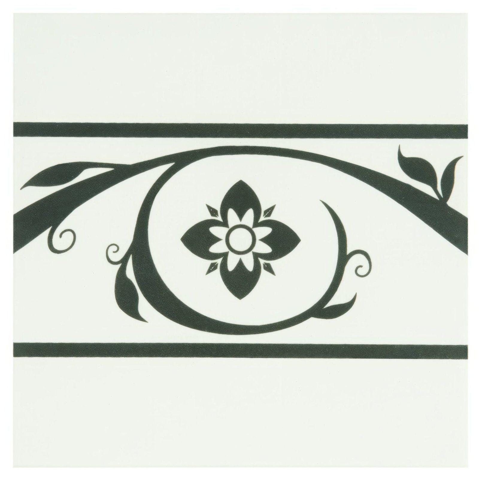 Black ornamental saxon border on dover white featuring a central floral motif with swirling vines and leaves