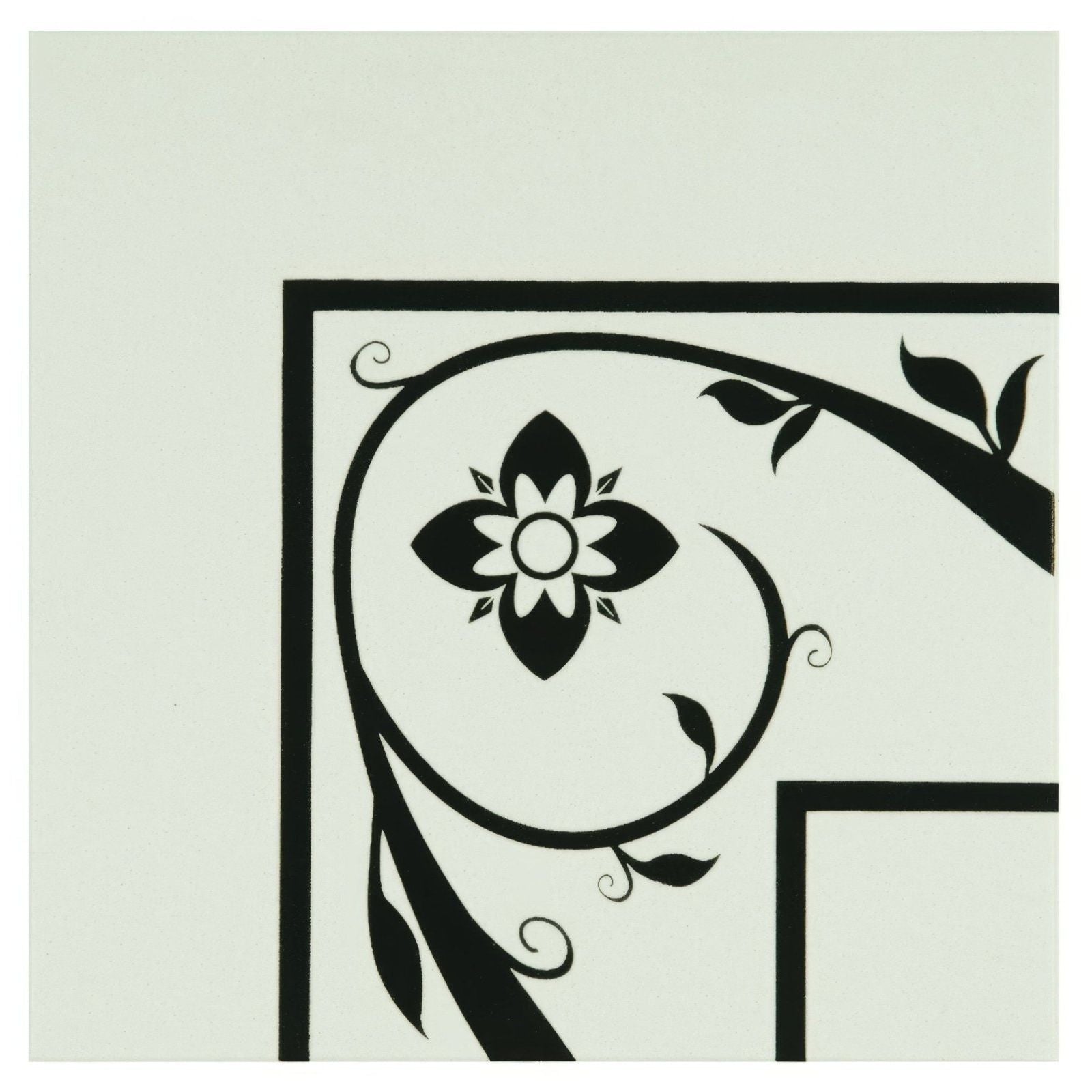 Saxon corner black floral and vine decal with central stylized flower on a dover white light-colored surface