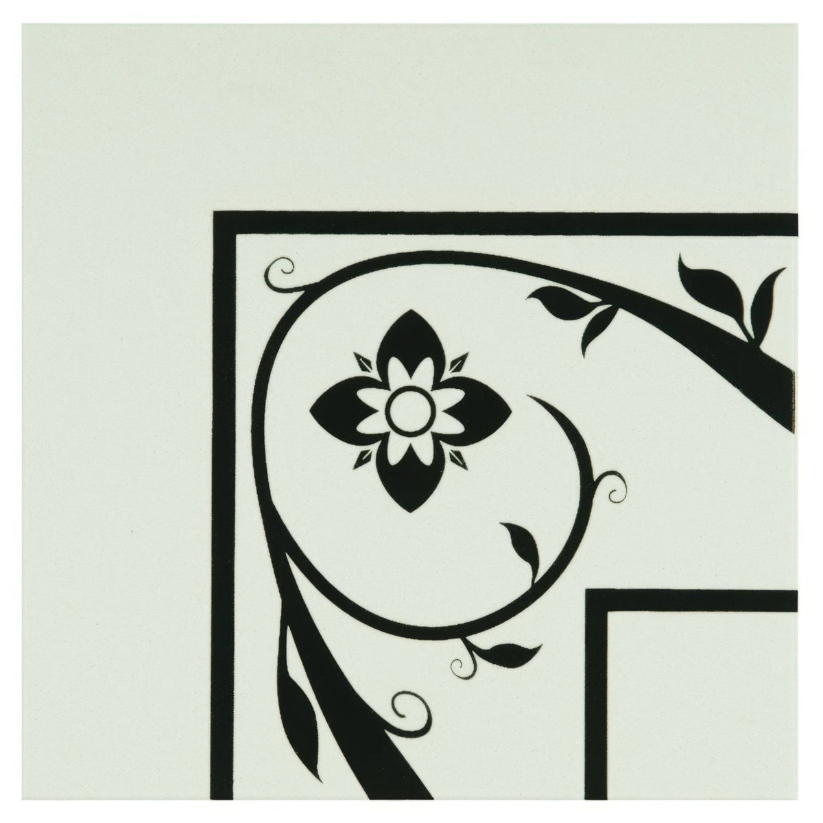 Saxon corner black floral and vine decal with central stylized flower on a dover white light-colored surface