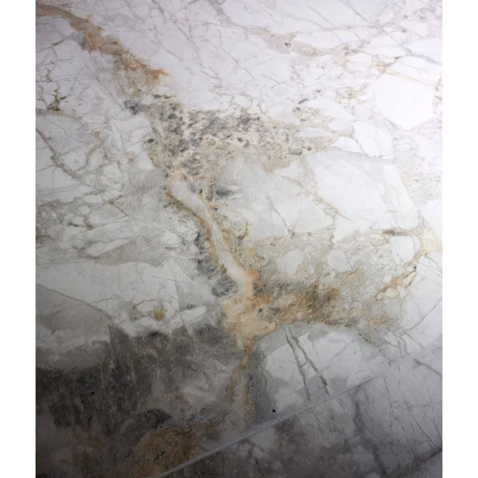 Sculpture grande porcelain invisible blue white marble surface with intricate gray and golden brown veining