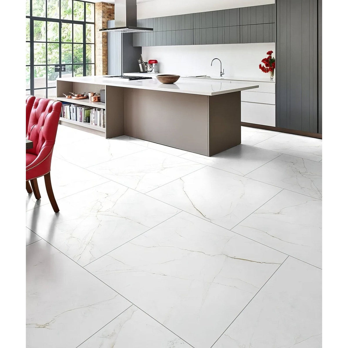 Sculpture grande porcelain oro white marble-effect floor tiles with subtle gray veining in a polished finish