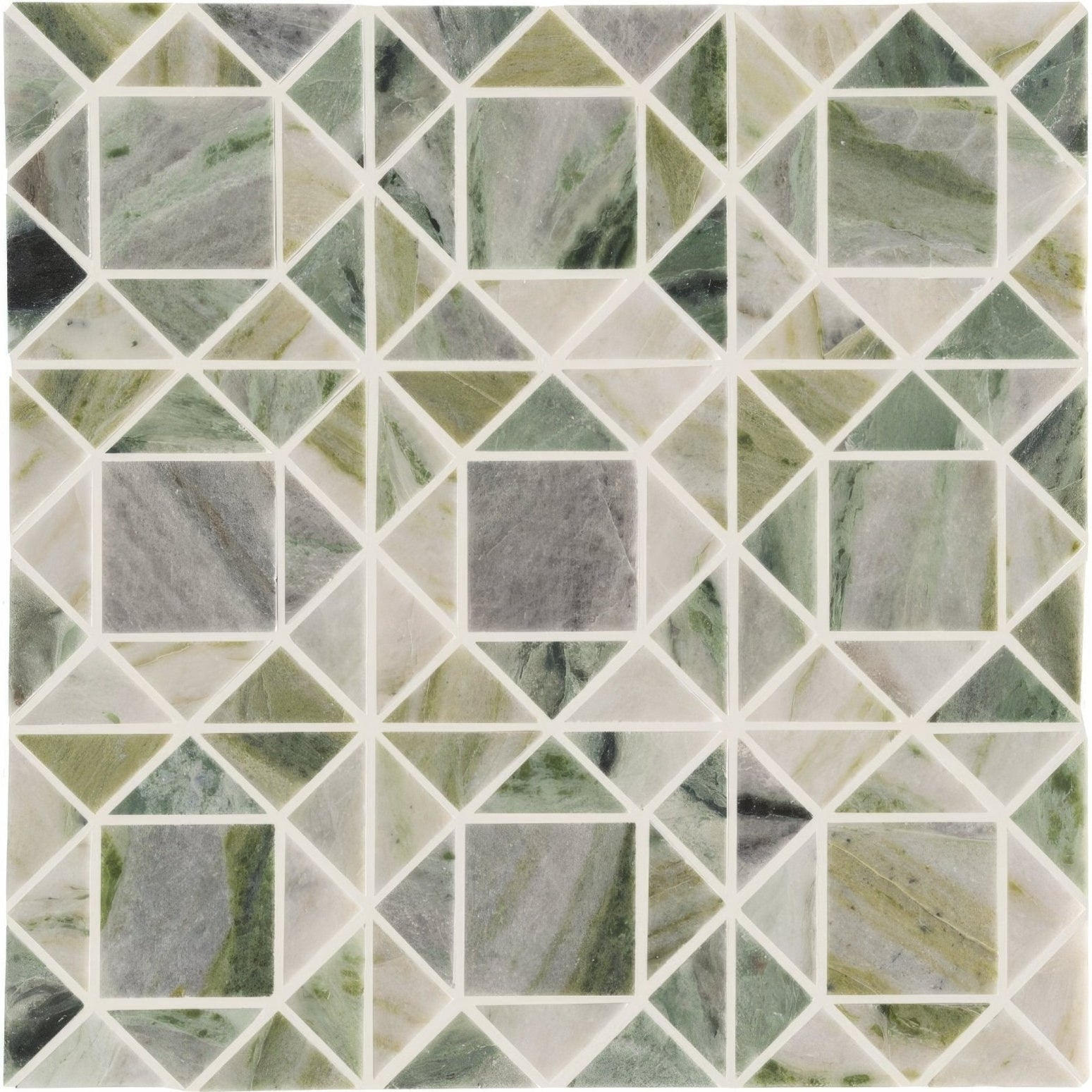 Seaspray green jewel mosaic geometric panel with interlocking green and gray marble pieces in white grout pattern
