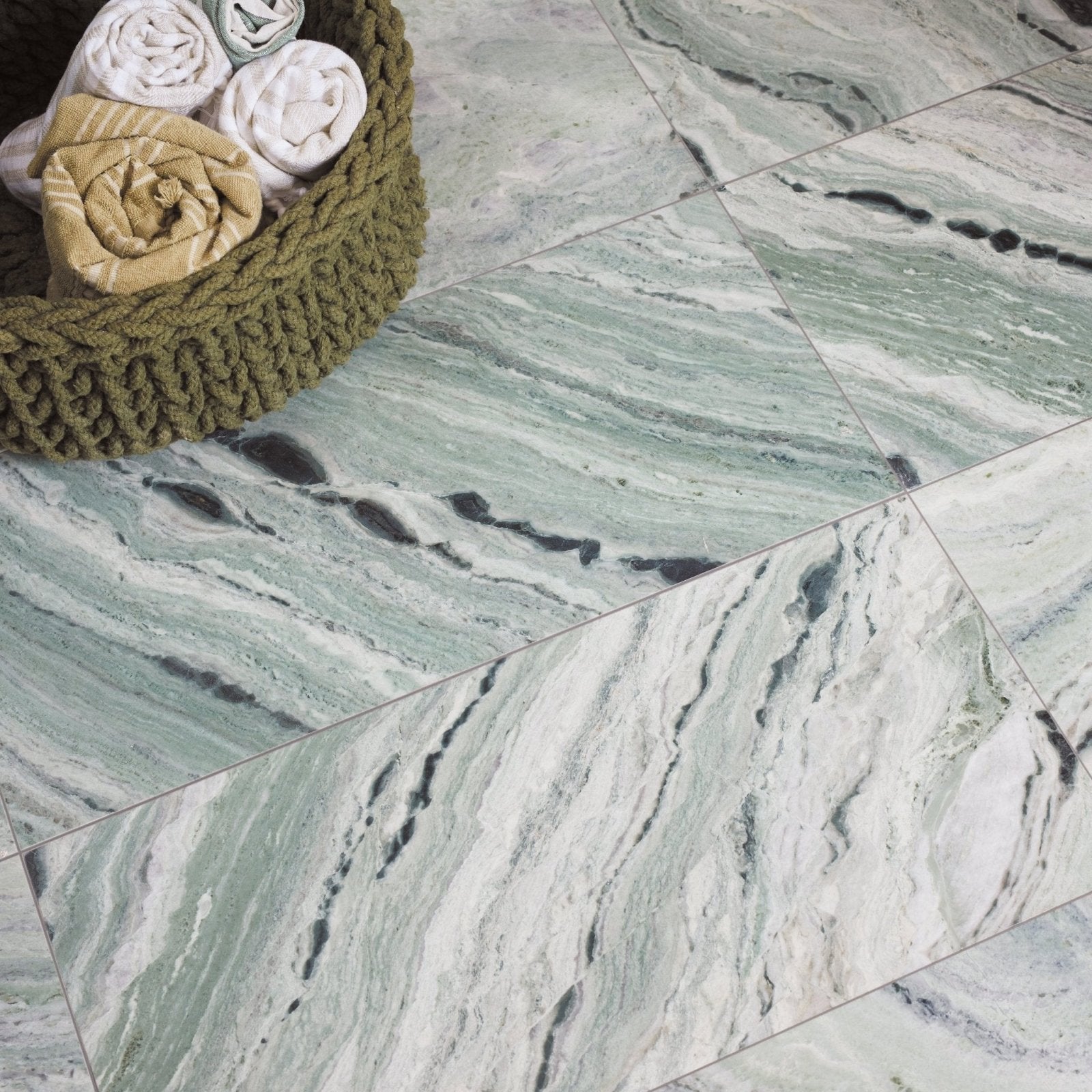 Seaspray green marble tile 30 x 60cm featuring green and white marble pattern with dark veining for flooring