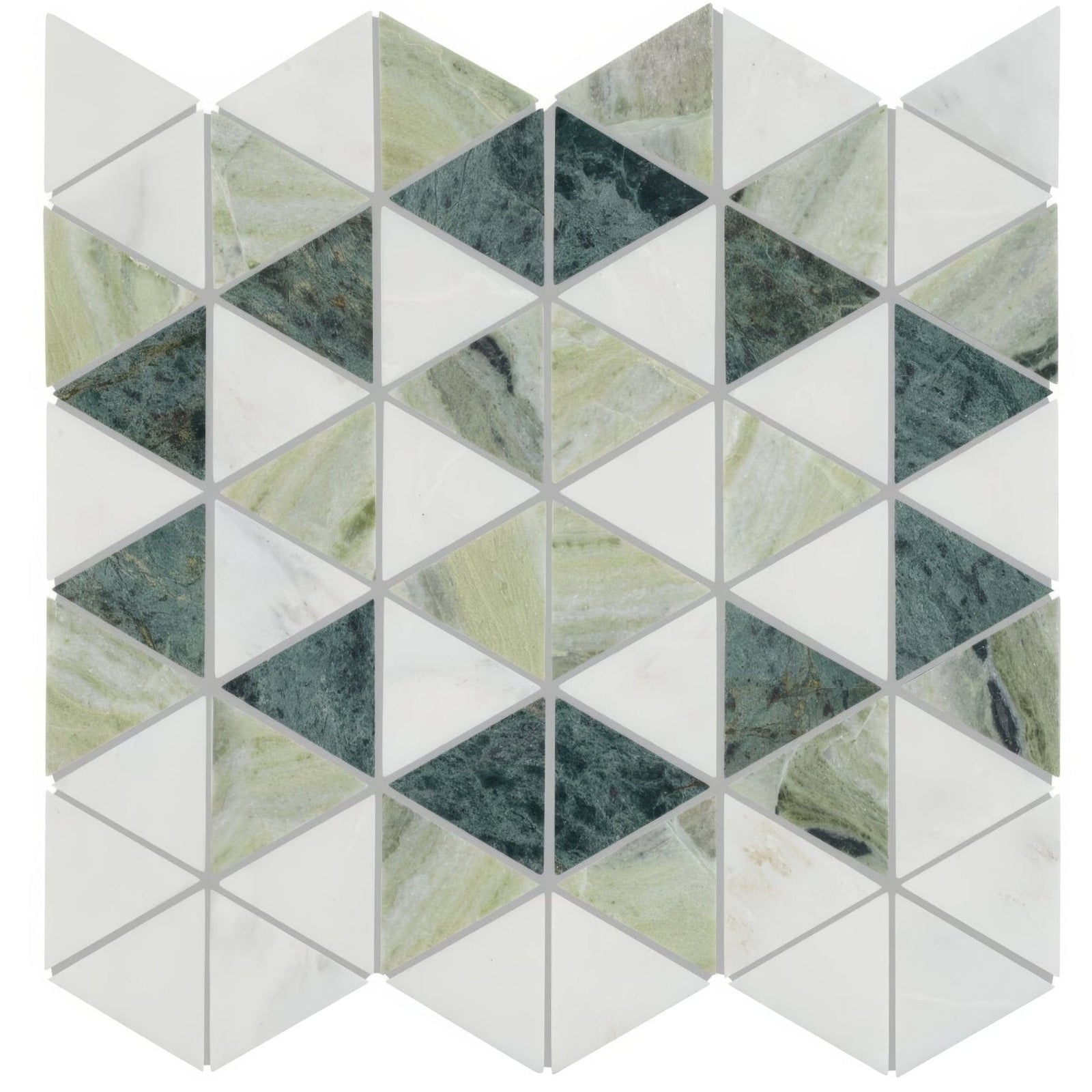 Seaspray green triangles marble mosaic geometric tile panel with alternating white and green marble diamond pattern