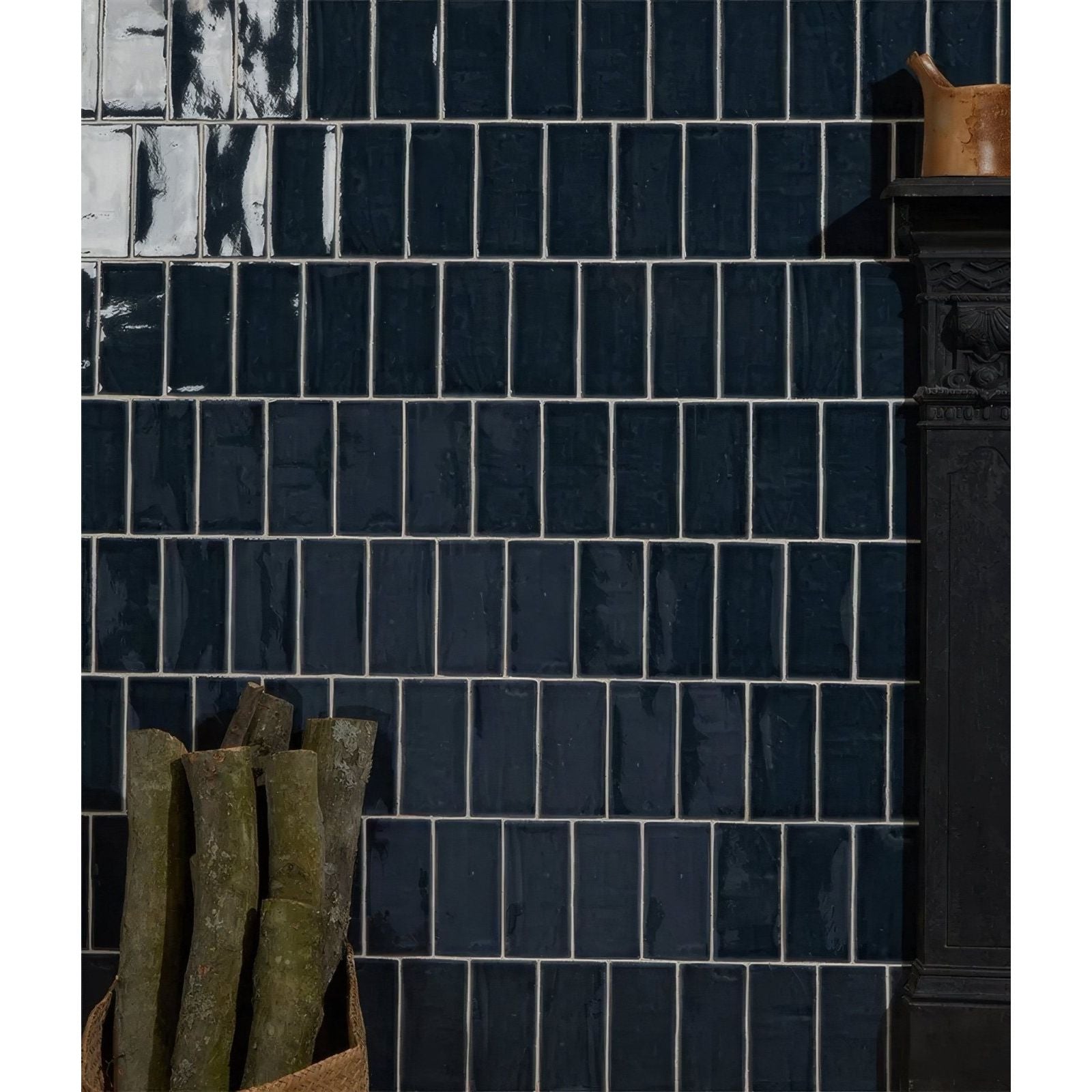 Dark blue rectangular seaton ceramic beach hut tiles with glossy finish and white grout lines