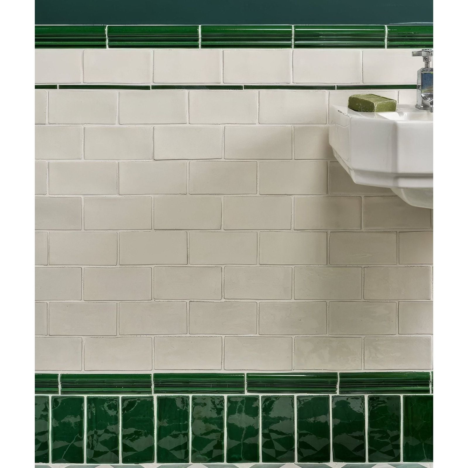 Seaton ceramic sea grass white subway tiles with glossy green ceramic accent borders for wall decoration