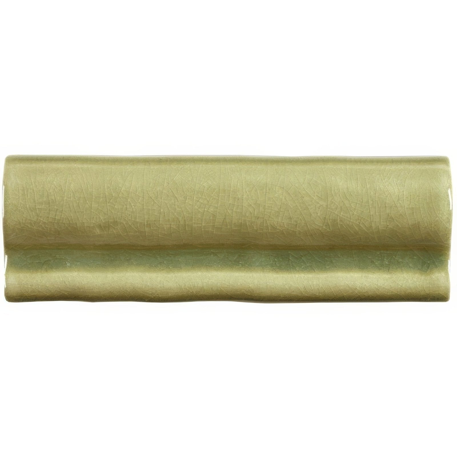 A rectangular olive green ceramic torus moulding sedge tile with a subtle crackled glaze and raised edges