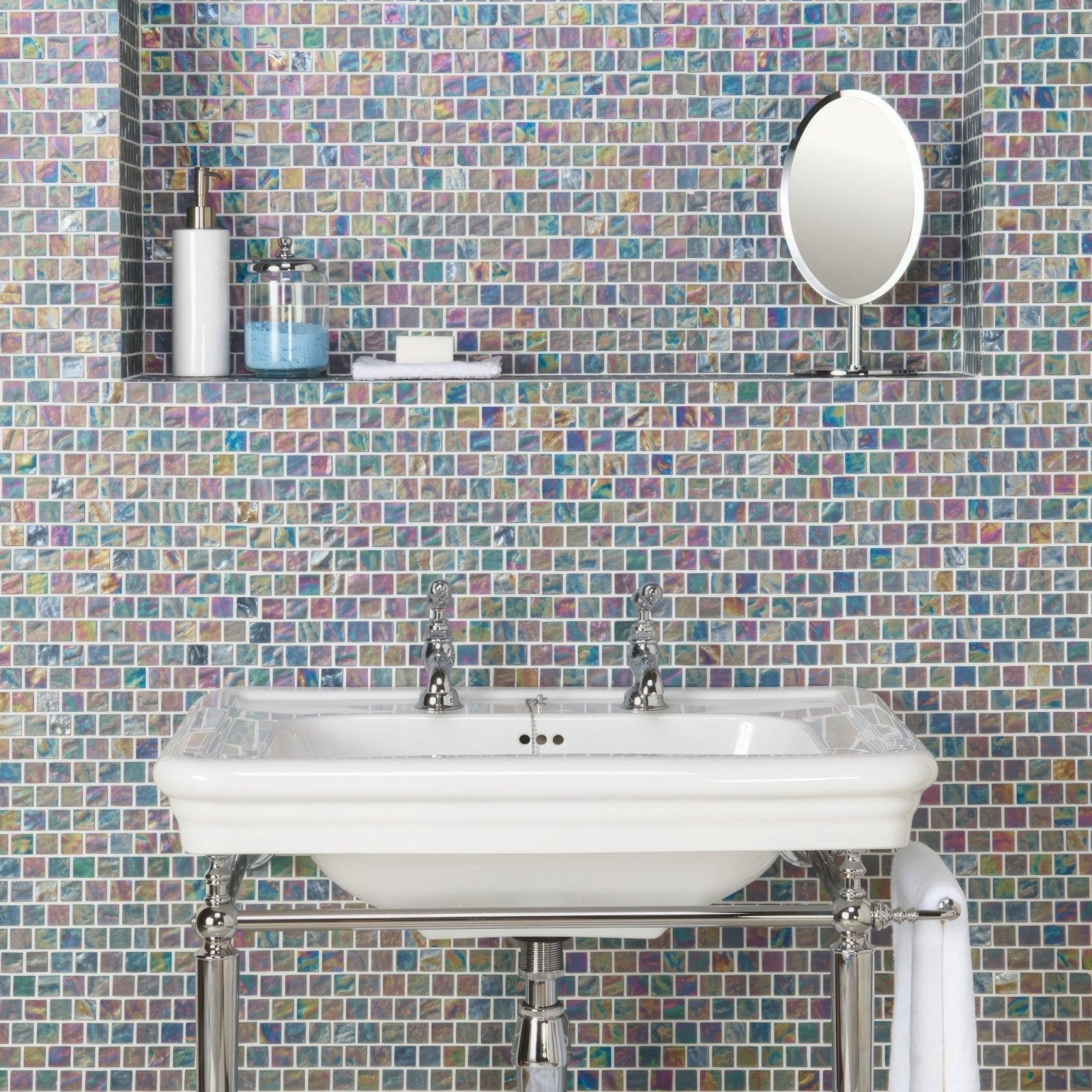 Serene Therapy Glass Mosaic iridescent green and purple glass mosaic with a white pedestal sink