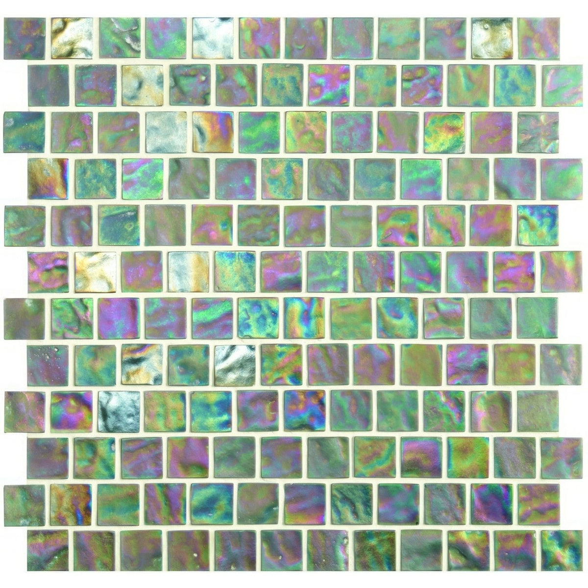 Serene therapy glass mosaic tiles with iridescent green and purple square pieces and a shimmering mother-of-pearl finish