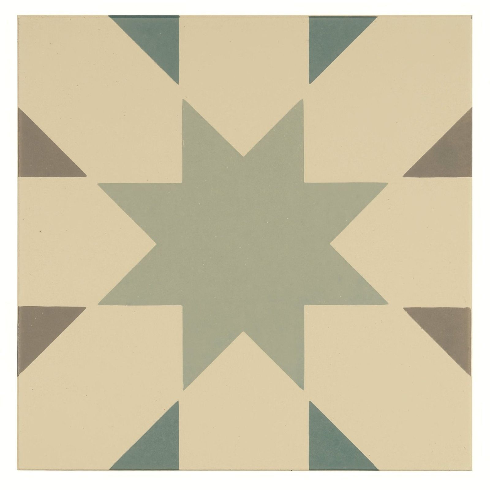 Beige and muted green geometric star-patterned ceramic floor tile in Seville light grey, light jade, and dark jade on white