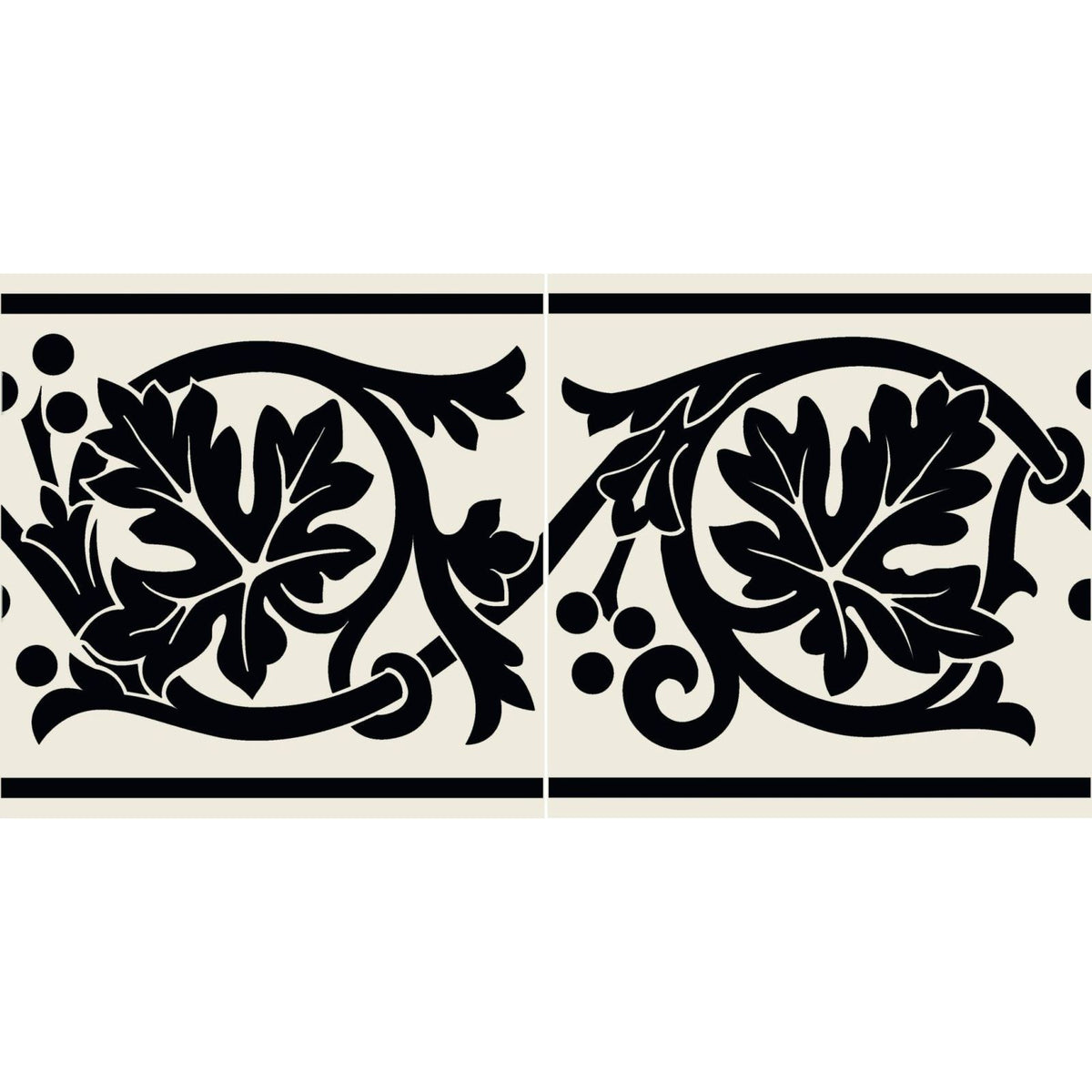 Shaftesbury 2 tile border black on dover white featuring black and cream decorative leafy vine patterns