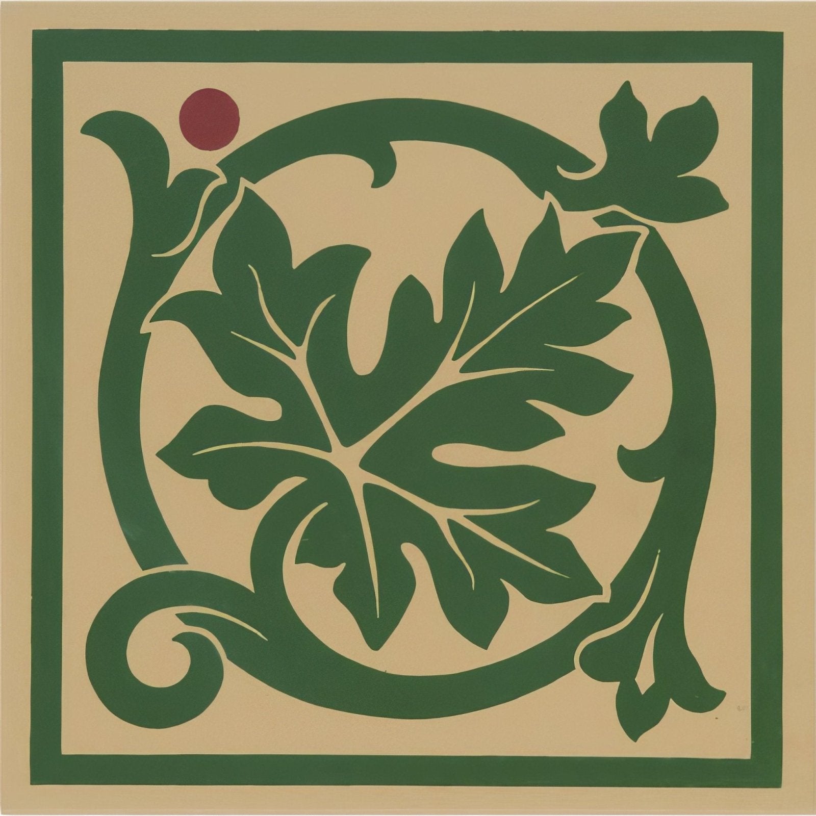 Shaftesbury corner green on buff ornamental tile featuring a central leaf motif framed by swirling vines with a red dot