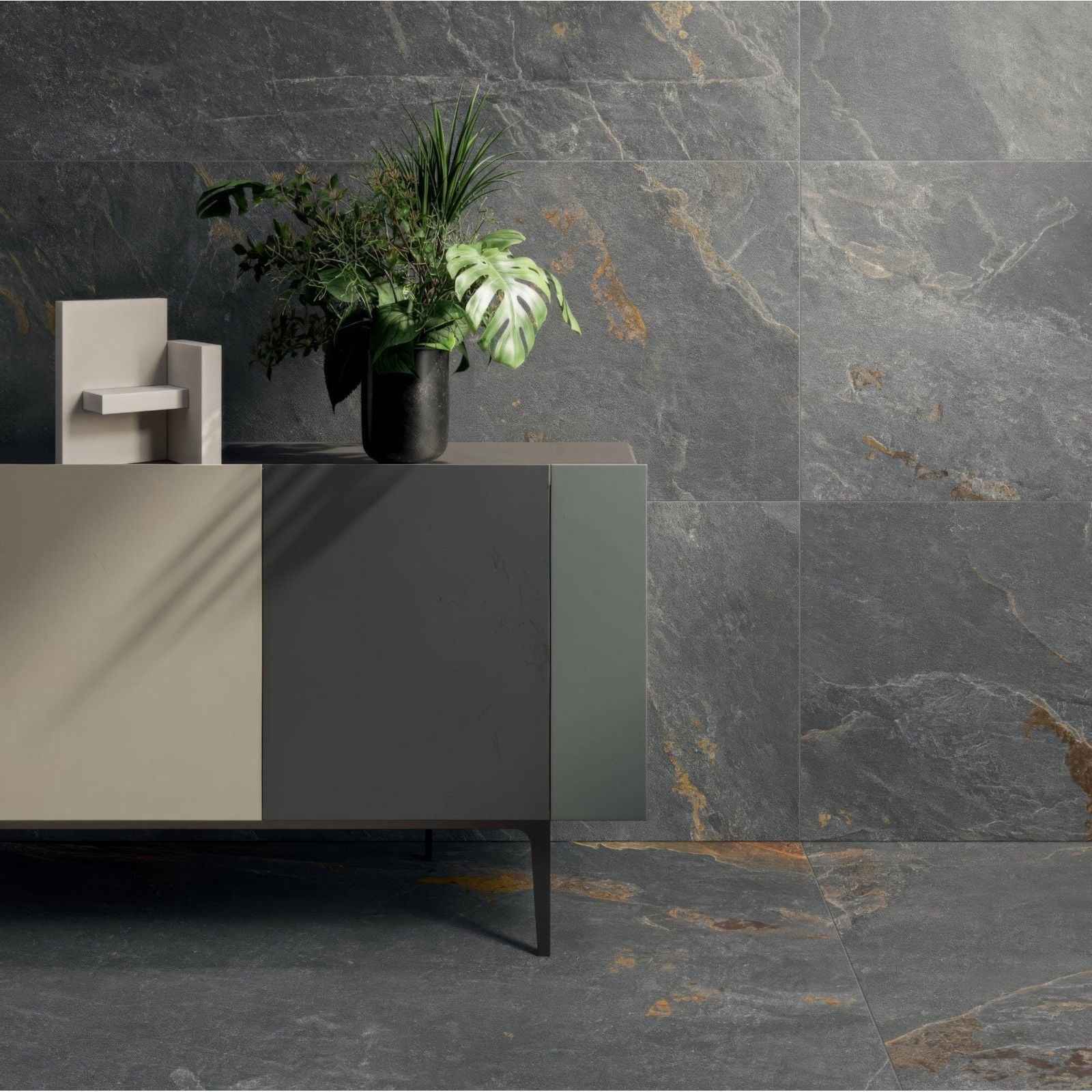 Dark gray marble-effect shale multi 60 x 120cm wall and floor tiles with subtle golden veining