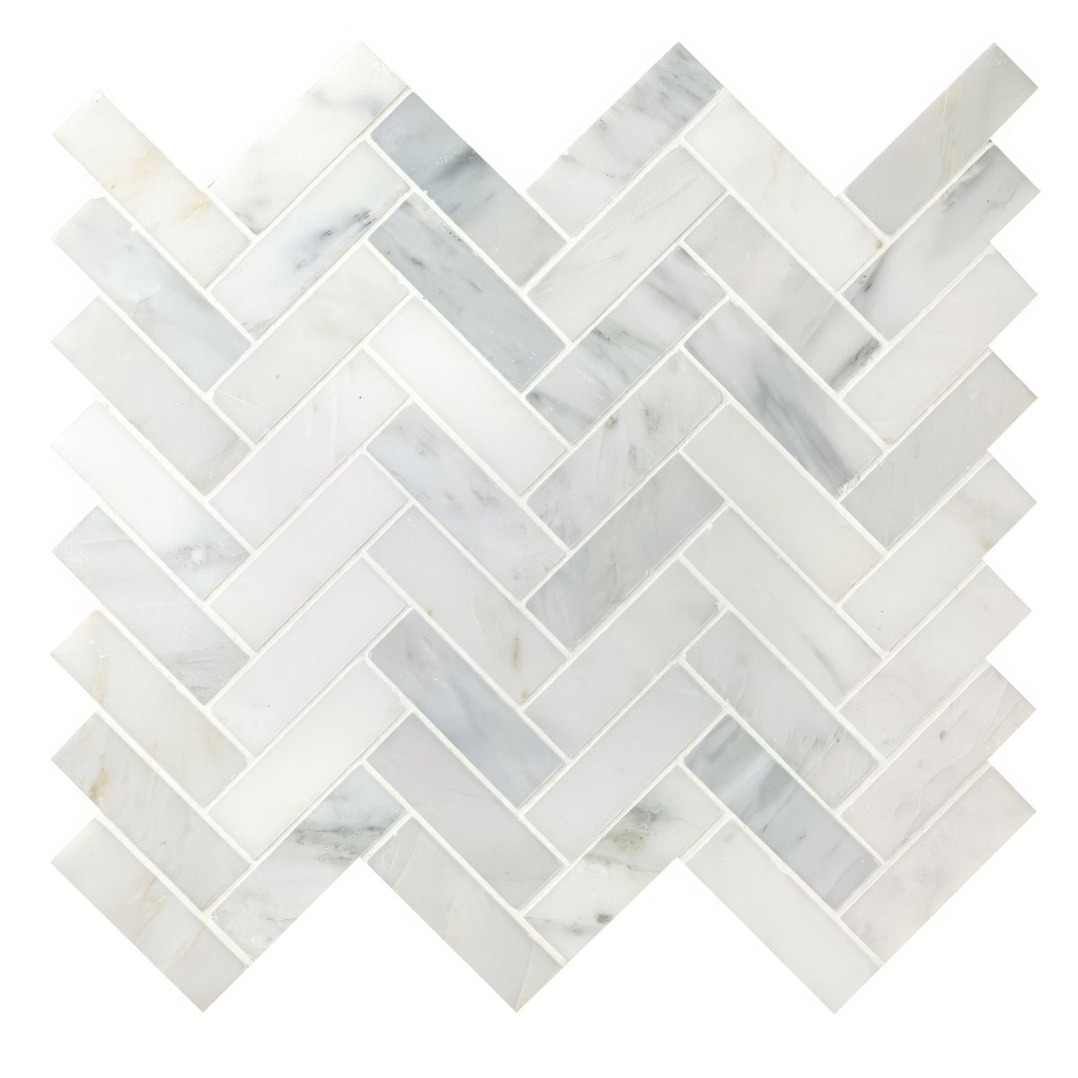 White marble mosaic tiles in a herringbone pattern from east hampton shelter island marble mosaic collection
