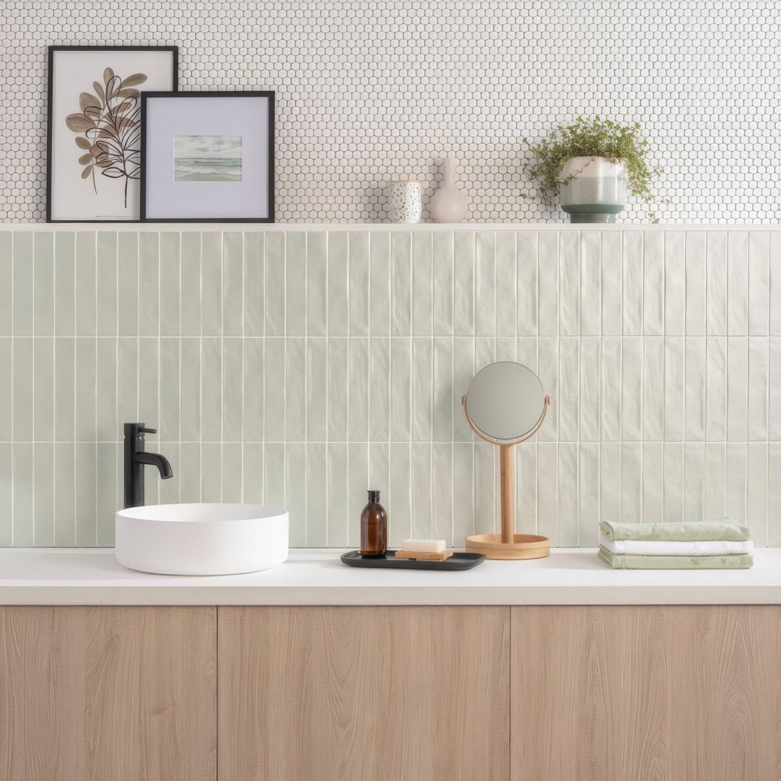 A round wooden framed vanity mirror with minimalist design in sherbet green brick 5x25cm size