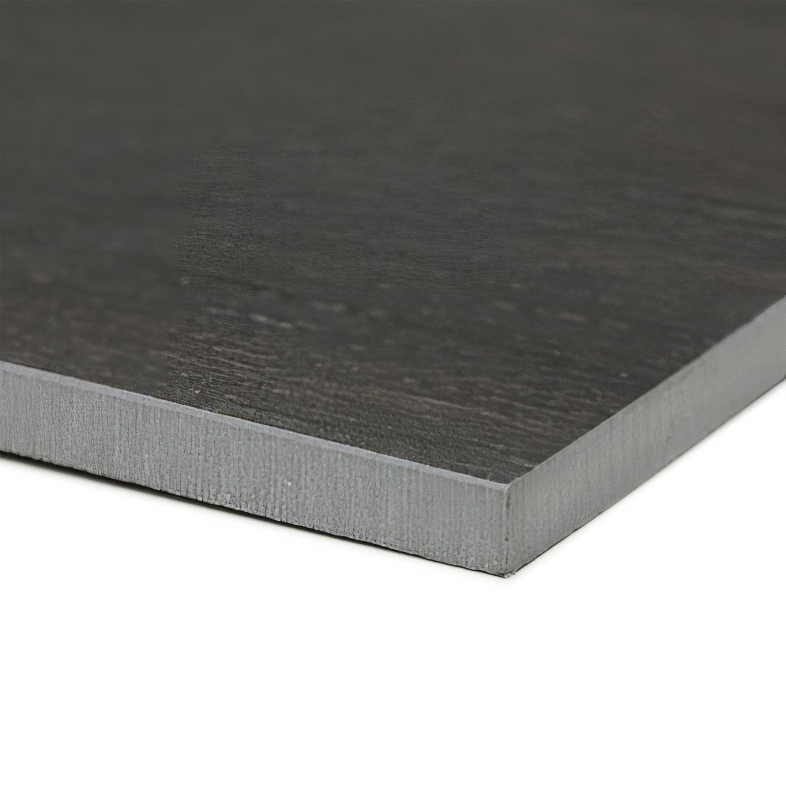 Dark gray rectangular sherwood black tile with subtle wood grain texture and smooth beveled edge 80 x 80cm