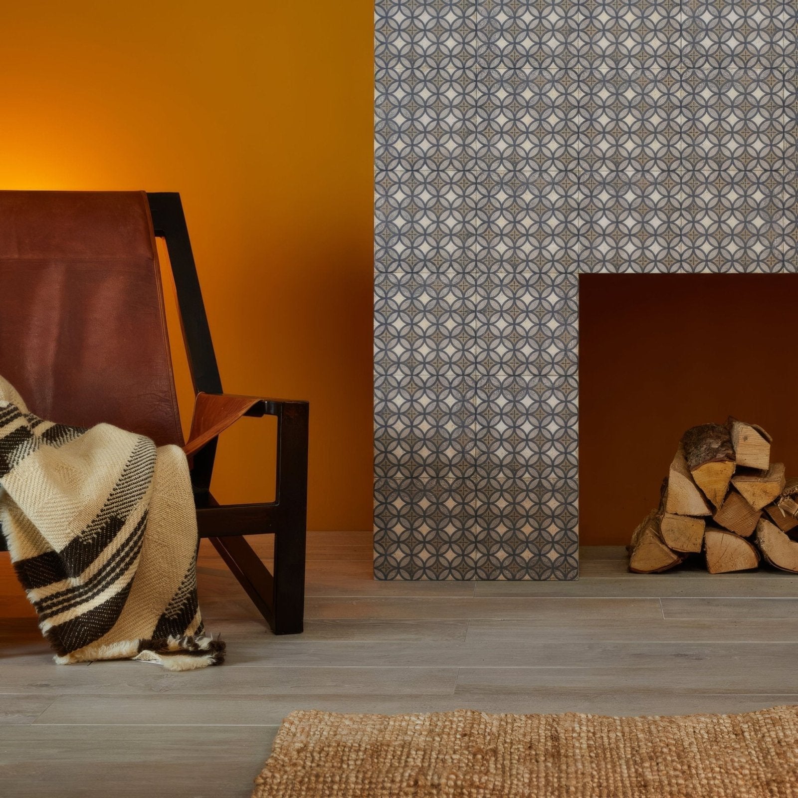 Gray and white geometric patterned fireplace tile panel from sherwood oak 20 x 120cm with a sleek modern design