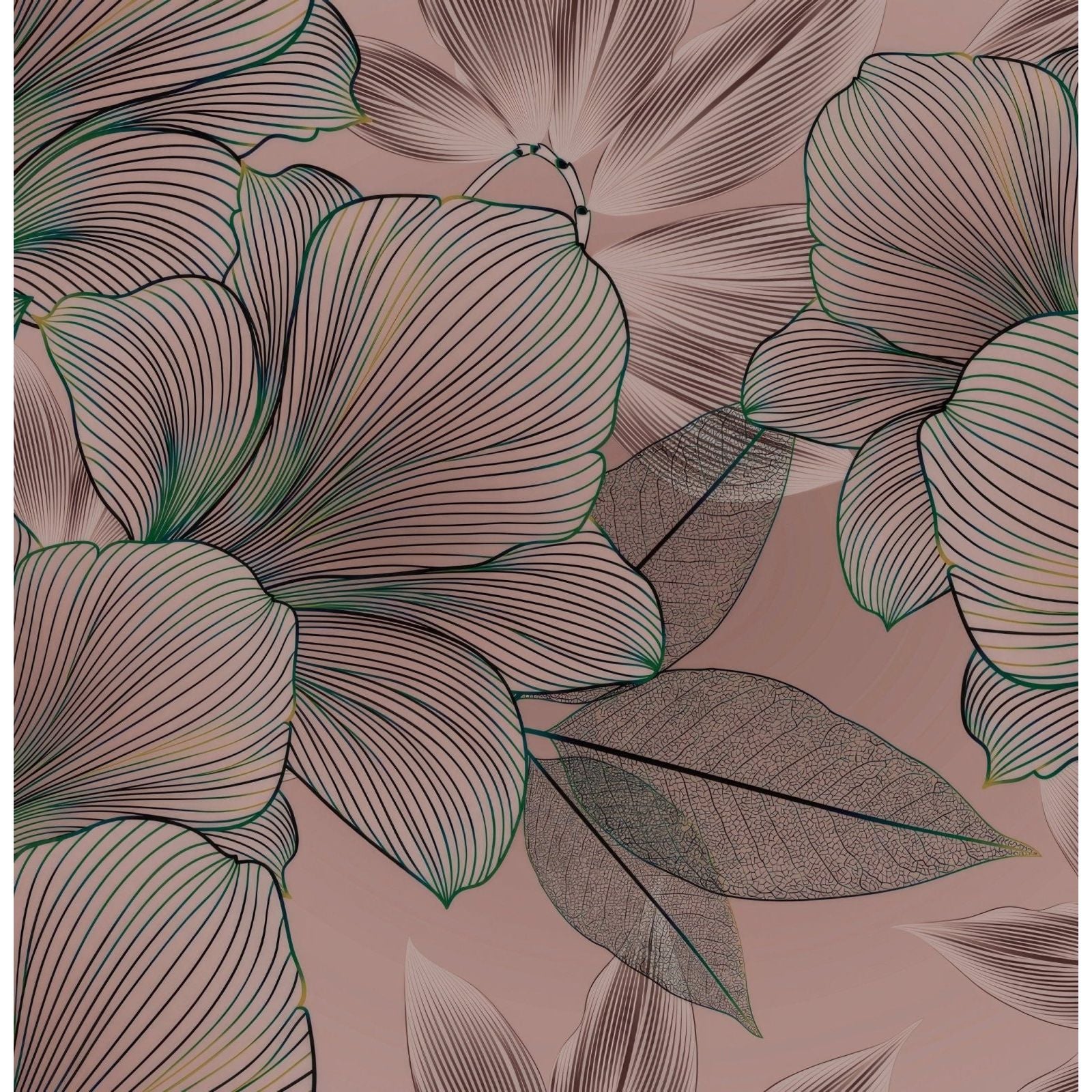 Shower panel art deco lilies with delicate pink floral wallpaper featuring green line art and subtle gold accents