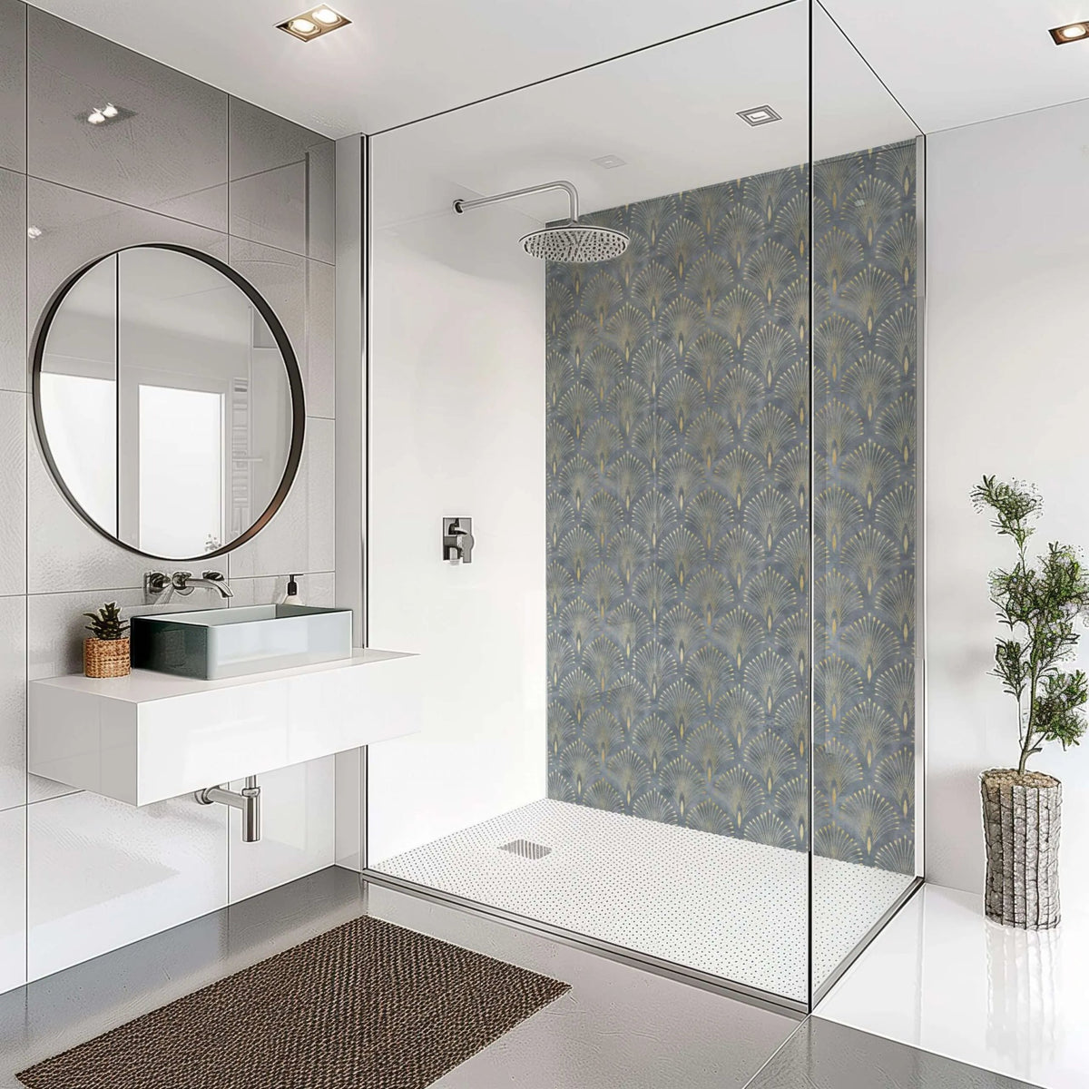 Modern glass-enclosed shower with shower panel art deco peacock featuring a sleek gray patterned accent wall and chrome fixtures