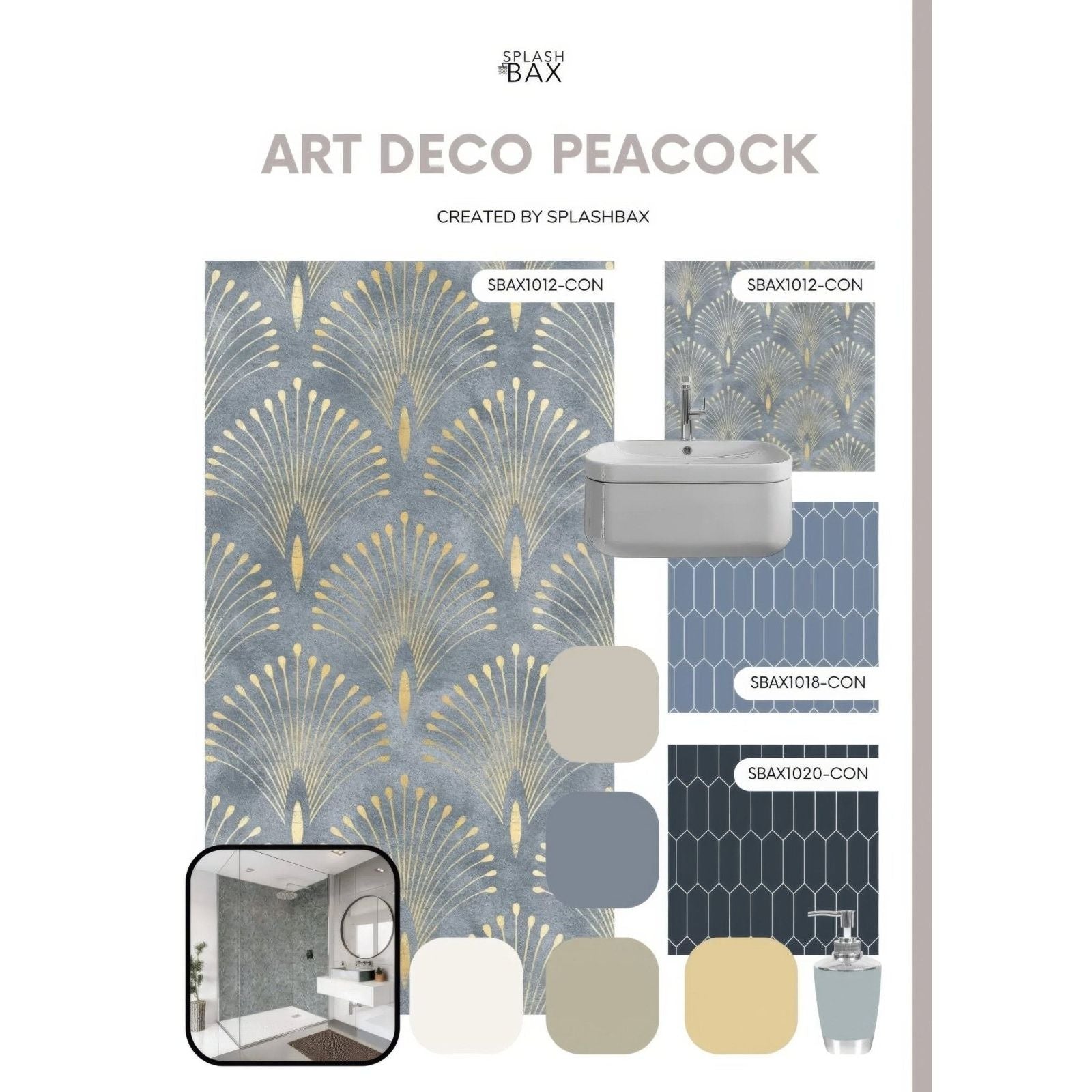 Shower panel art deco peacock with sophisticated gray and gold feather pattern wallpaper design