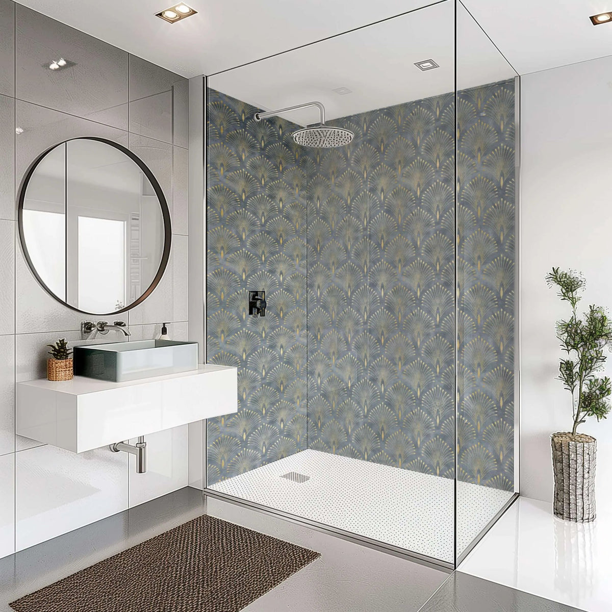 Shower panel art deco peacock with sleek glass door and dark gray fan-patterned wall panels in a modern design