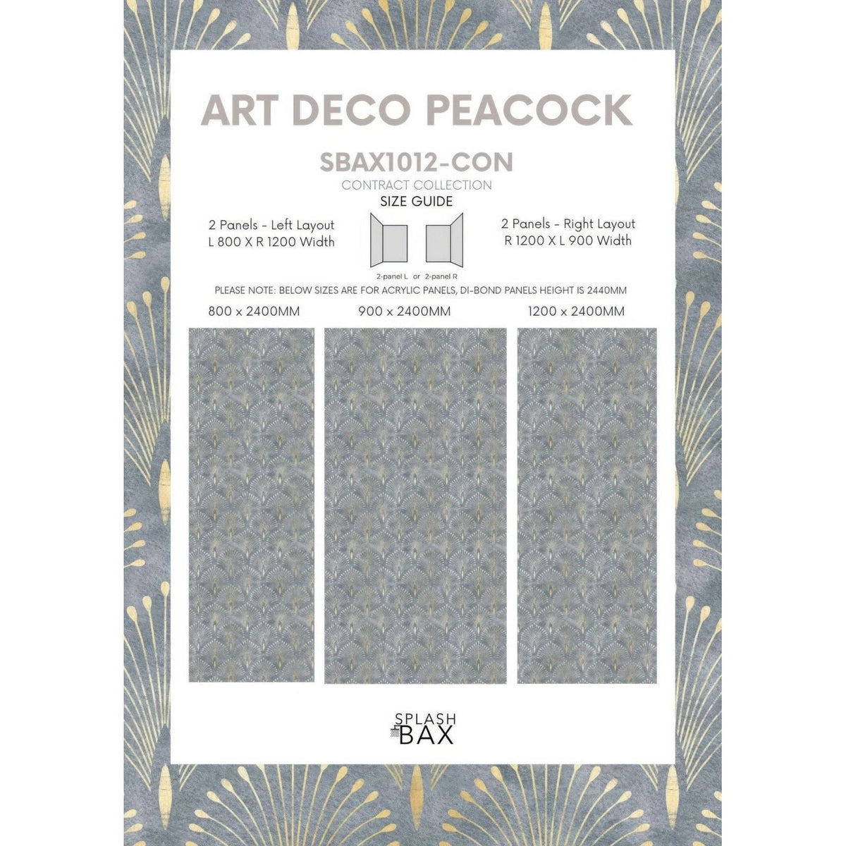 Shower panel art deco peacock with elegant gray and gold fan-shaped motifs in sophisticated wallpaper design