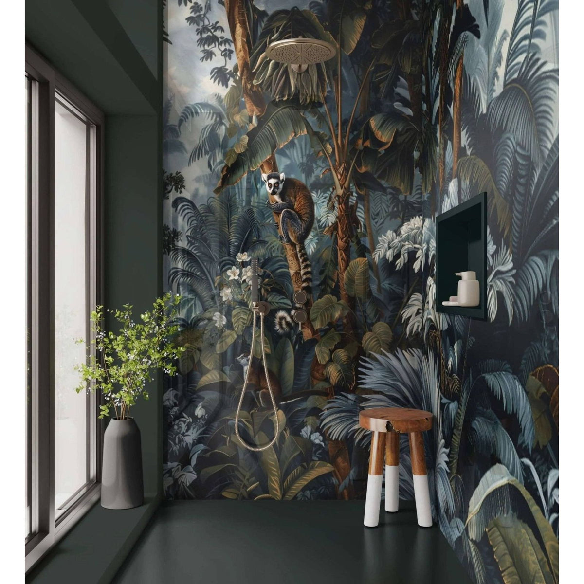 Dark jungle-themed shower panel blue jungle with detailed lemur illustration in rich greens and browns on navy background